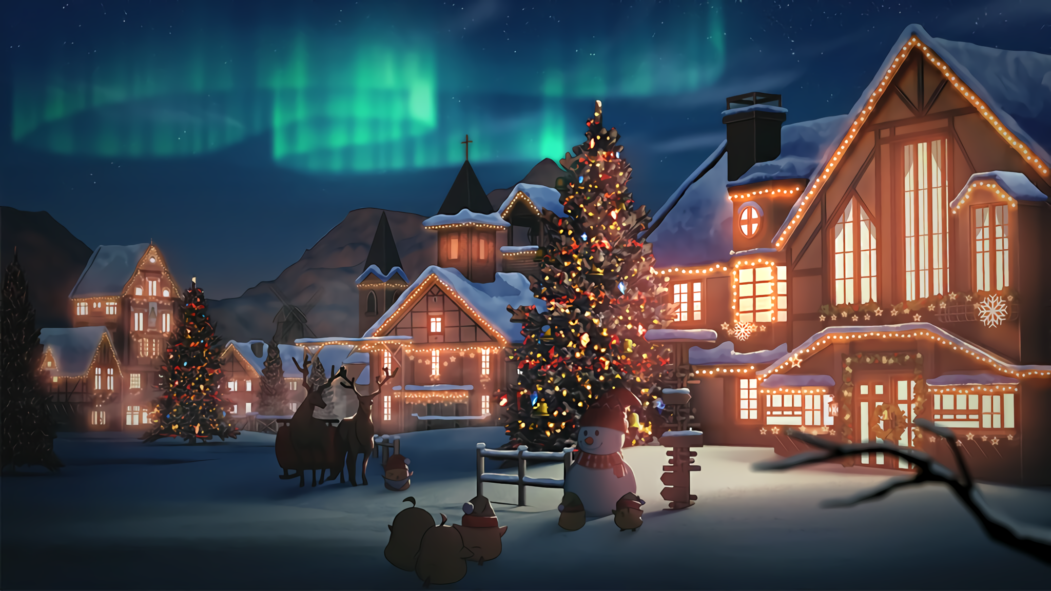 Anime 2048x1152 Azur Lane night Manjuu (Azur Lane) sky Christmas reindeer aurorae anime snow Christmas tree outdoors snow covered house lights branch