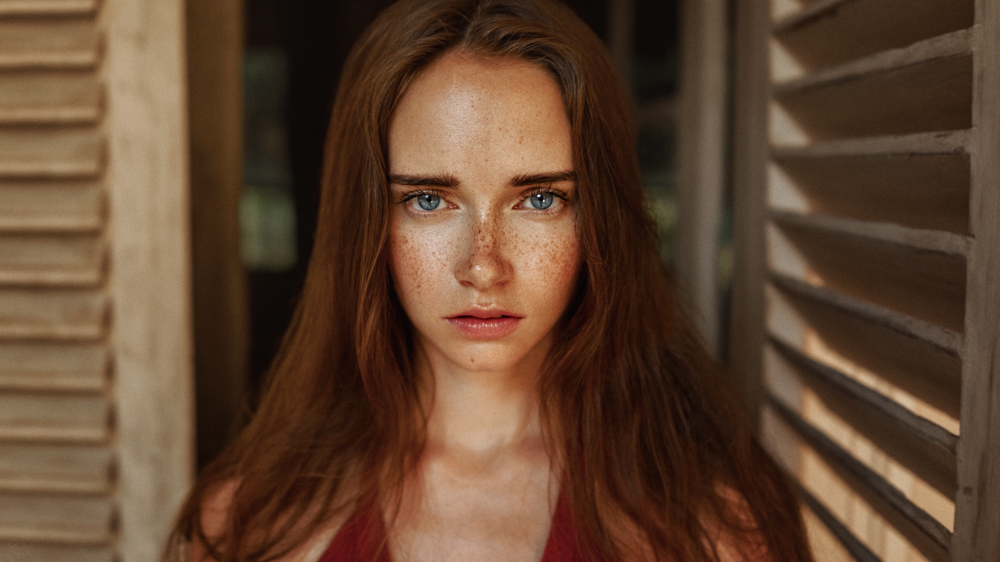 People 2000x1125 Georgy Chernyadyev face portrait depth of field model women brunette freckles pink lipstick bokeh closeup looking at viewer Anastasia Nelen