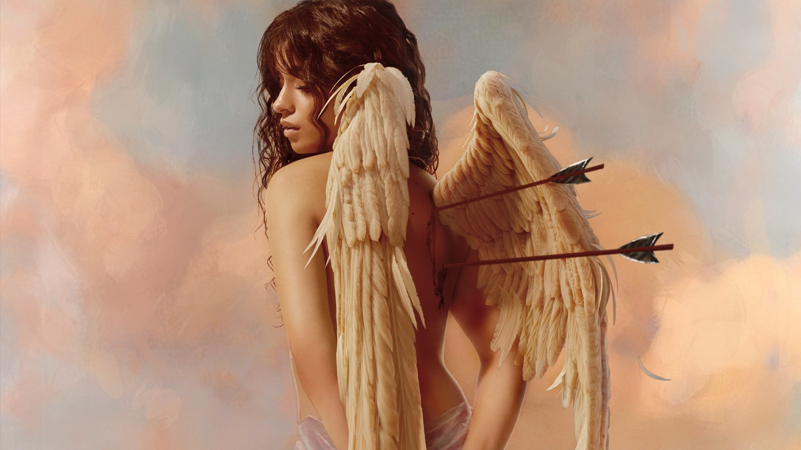 People 2560x1440 women model long hair wavy hair angel wings wings topless arrows Camila Cabello