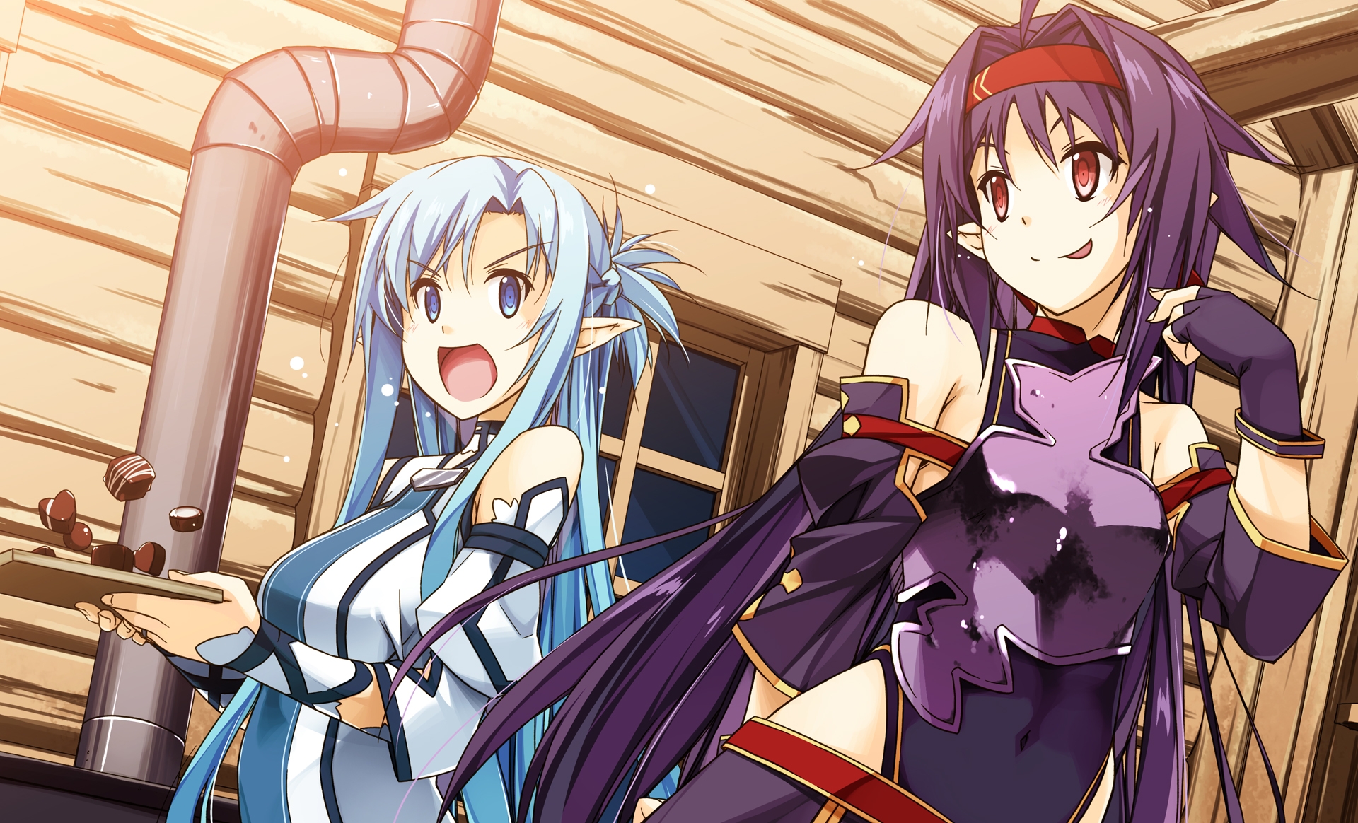 Shikei, tongue out, blue hair, purple hair, blue eyes, red eyes, Yuuki  Asuna (Sword Art Online), two women, Sword Art Online, anime, Konno Yuuki,  anime girls, elves, pointy ears