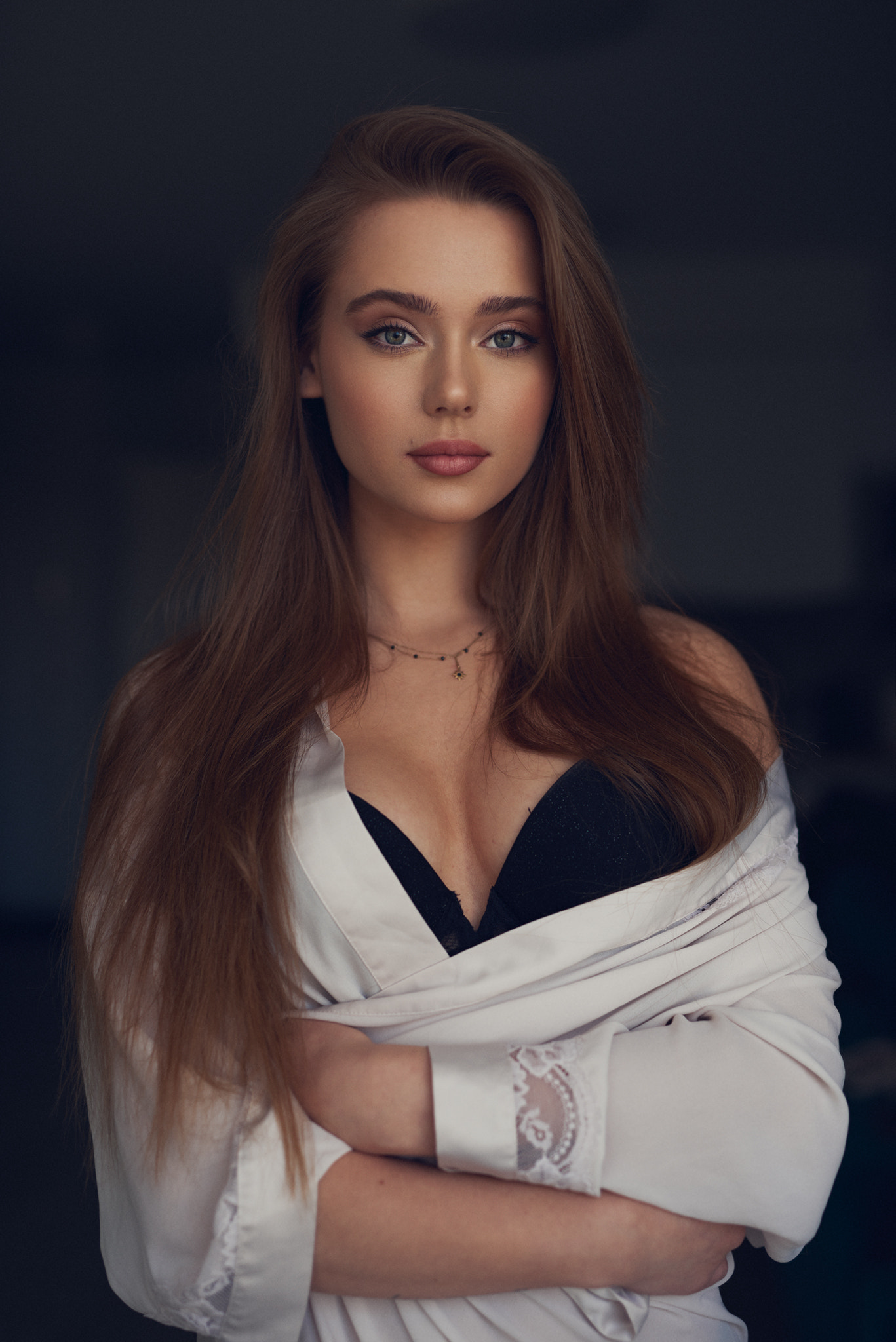 People 1367x2048 Bulinko Piotr women brunette long hair straight hair makeup looking at viewer gown white clothing lingerie necklace bra cleavage open clothes Kamila Gongala nightdresses closed mouth Polish women Polish model studio indoors women indoors arms crossed boobs model