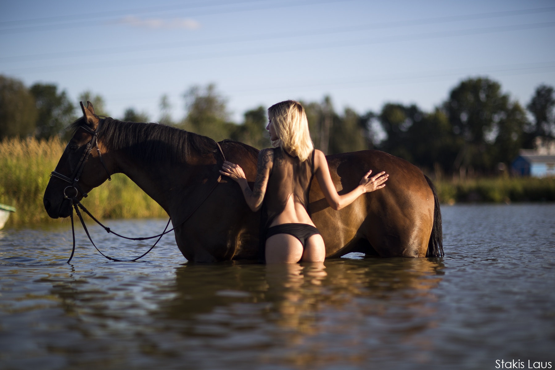 People 1800x1200 Anna Zajarova Stakis Laus blonde horse river ass back tattoo women women with horse outdoors women outdoors black panties topless arched back