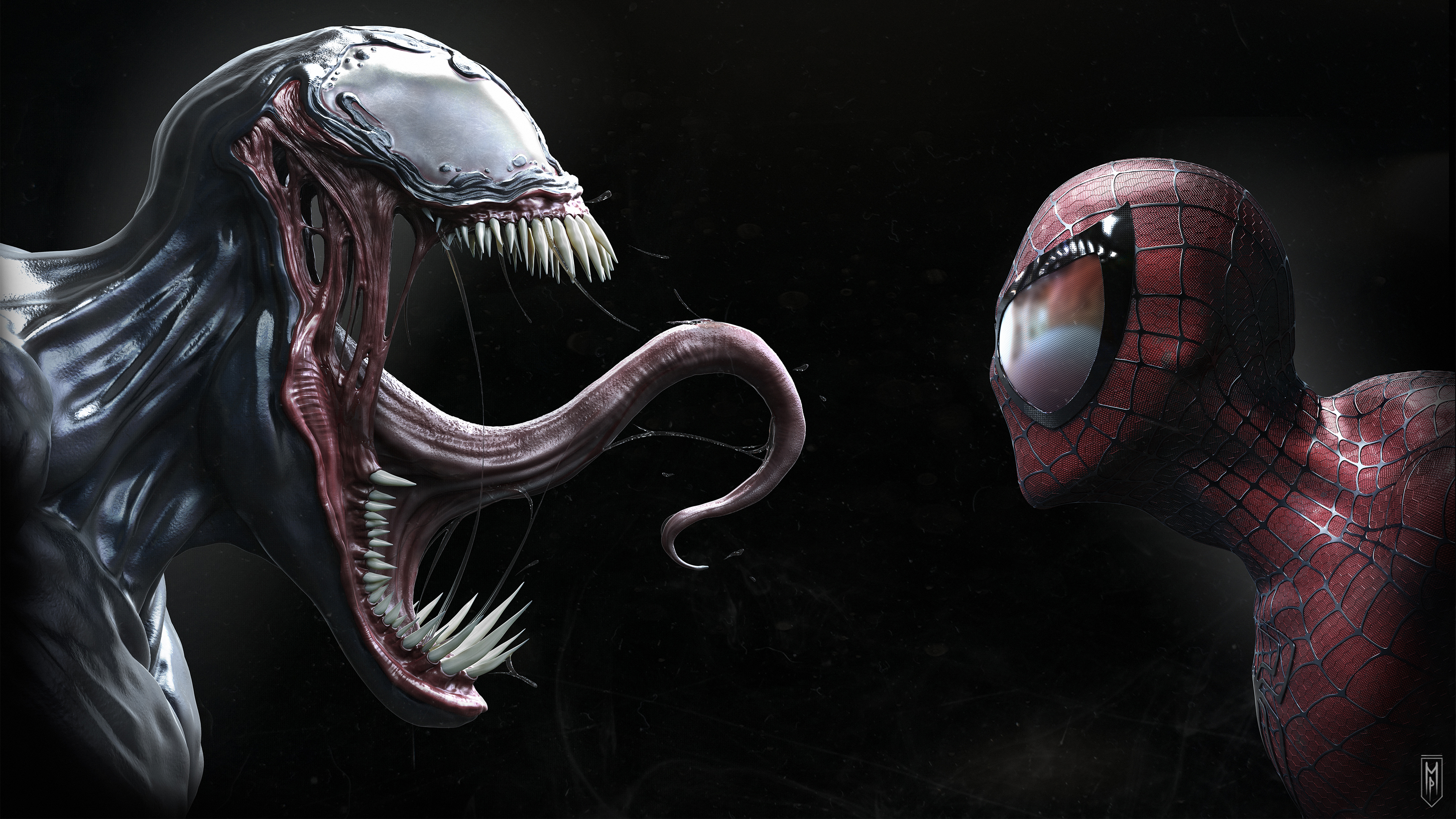 General 4000x2250 Symbiote Spider-Man Venom simple background tongue out Marvel Comics profile artwork black background creature Peter Parker face to face side view