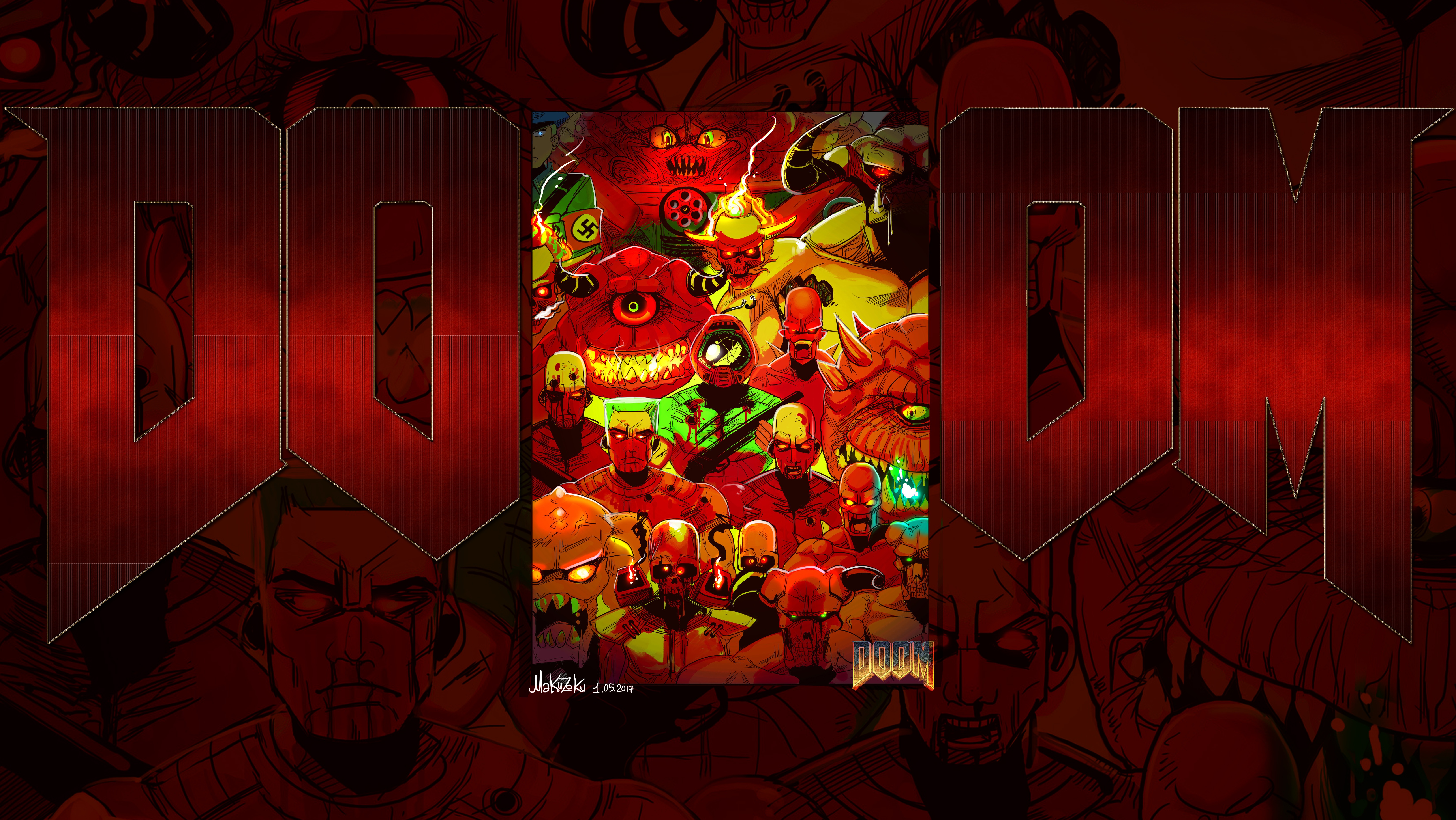 General 6600x3720 video games Doom (game) Maku Zoku artwork swastika Doom guy video game art red blood