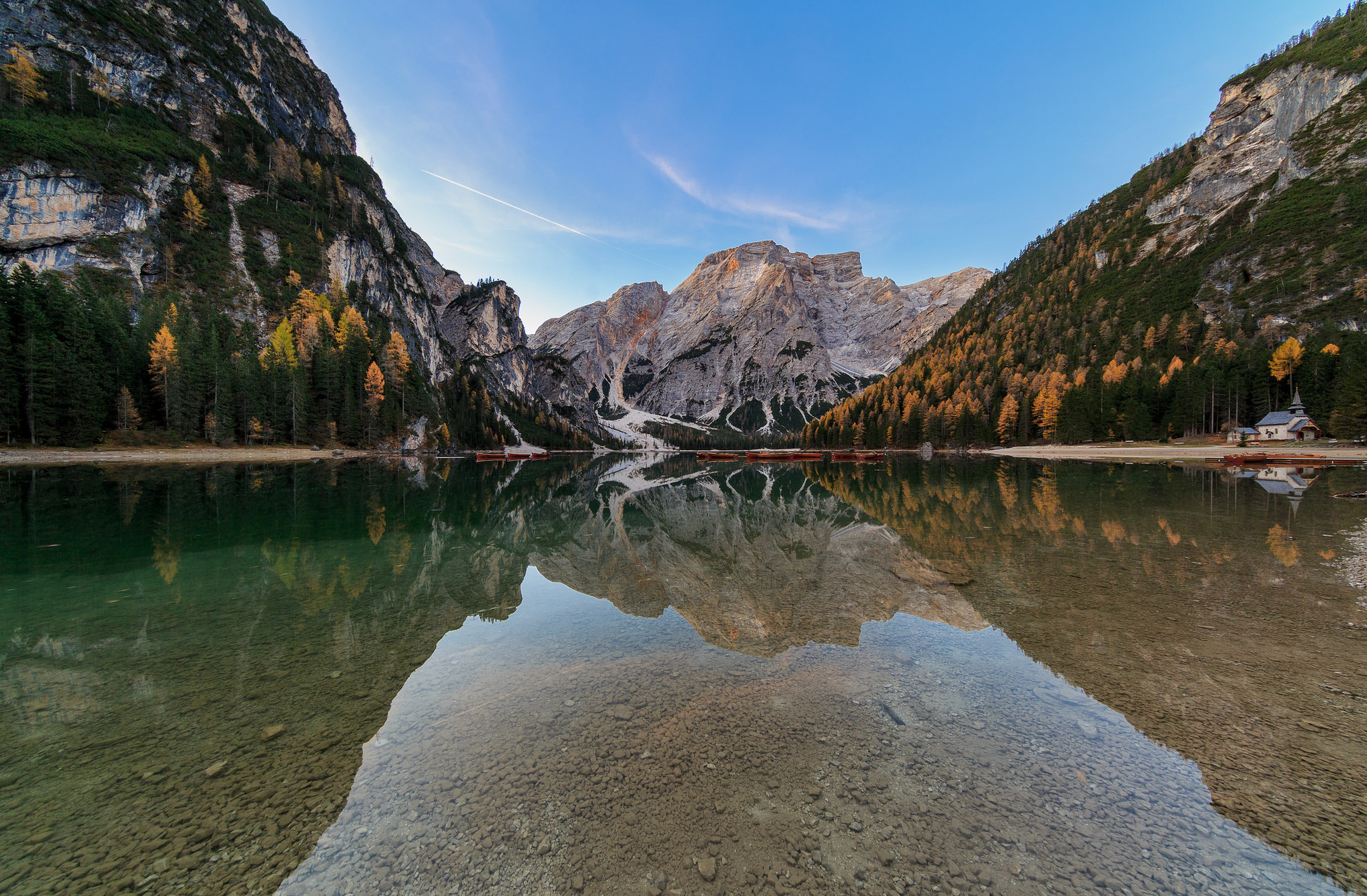 General 2048x1342 landscape mountains trees lake reflection boat sky nature Pragser Wildsee Italy South Tyrol