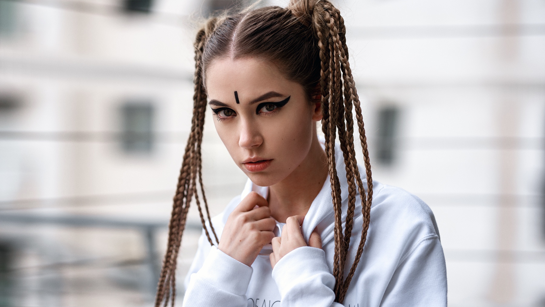 People 1800x1013 Ksenia Kokoreva face women Yuriy Lyamin braids makeup portrait