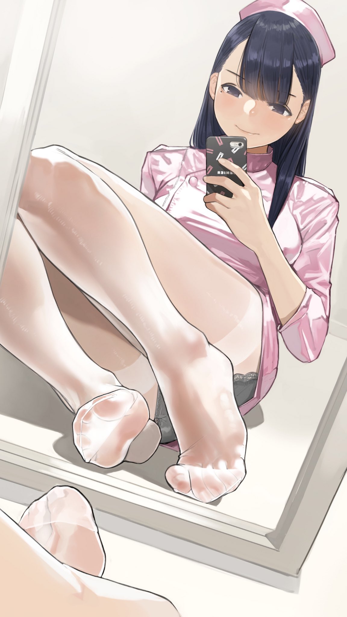 Anime 1152x2048 yomu nurses cellphone legs feet pantyhose mirror Miru Tights foot fetishism