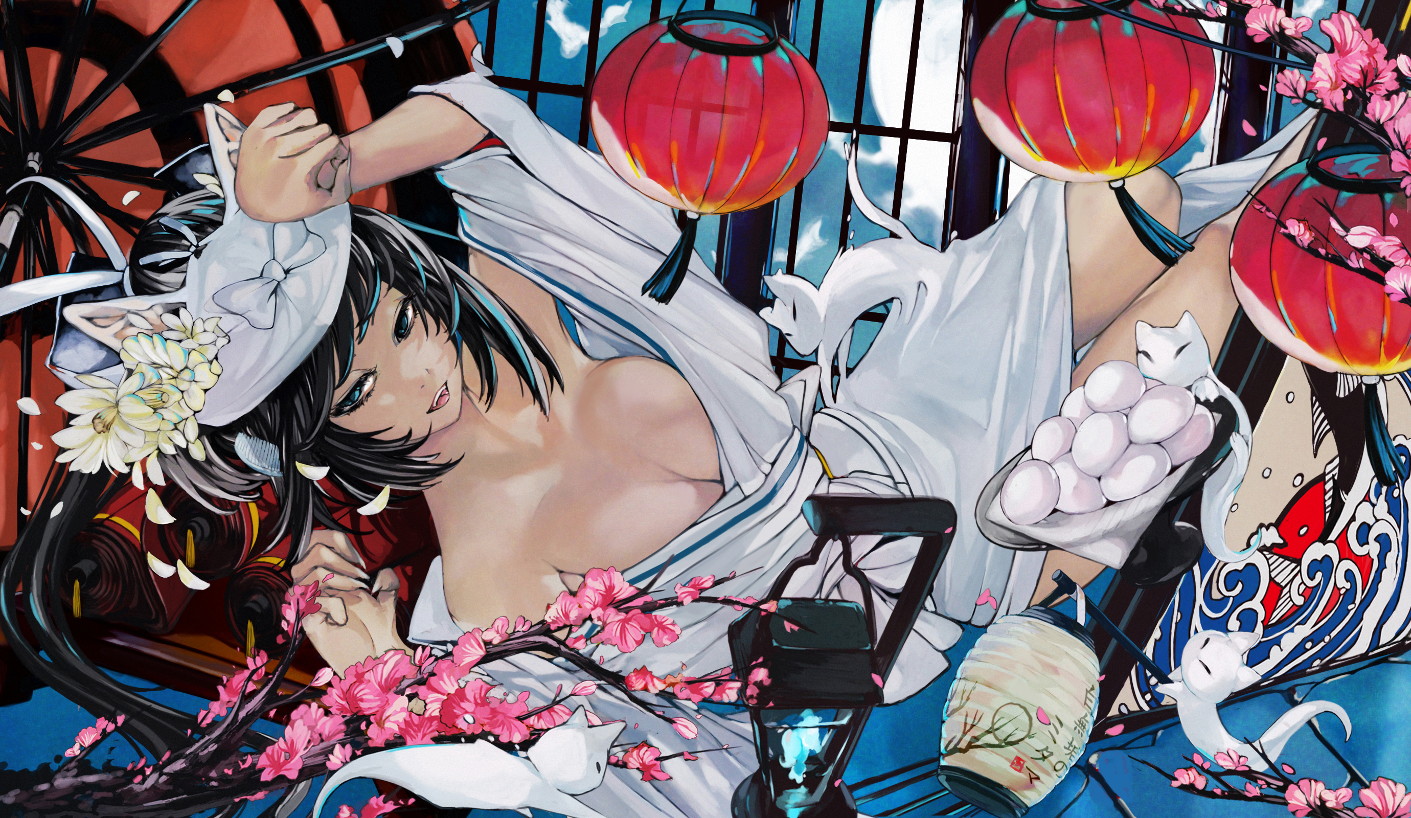 Anime 2760x1600 anime anime girls Nyami boobs lying down lying on back cleavage open mouth long hair wide sleeves long sleeves petals tassels sky lanterns Japanese clothes branch lantern