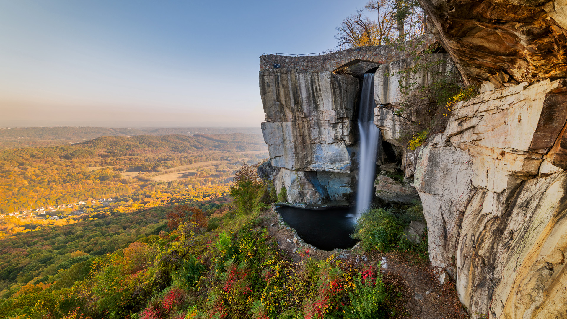 General 1920x1080 nature landscape horizon trees forest plants water waterfall sky mountains rocks long exposure far view fall Lookout Mountain Georgia USA