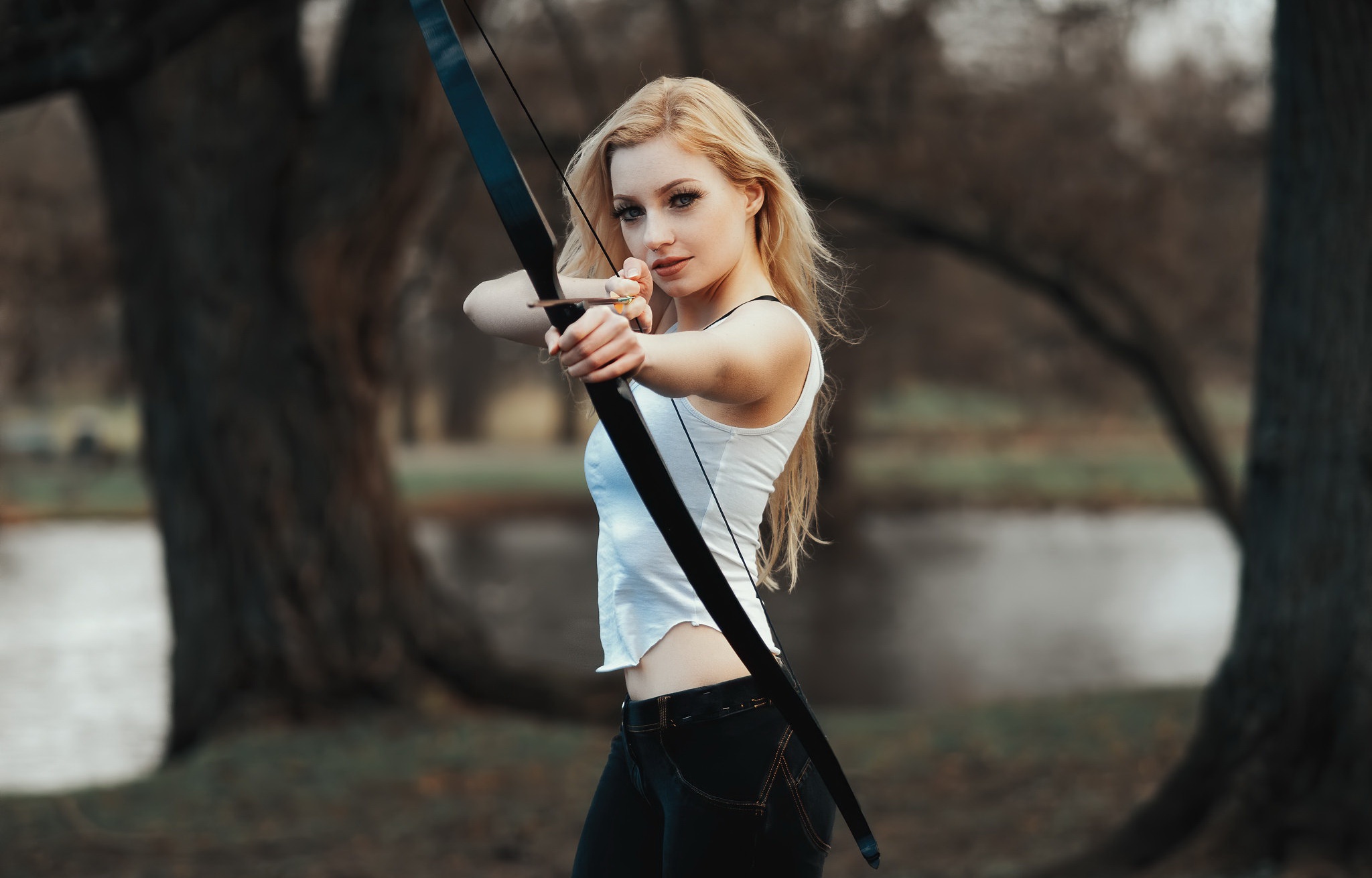 People 2048x1310 women bow blonde water trees archery arrows women outdoors nature