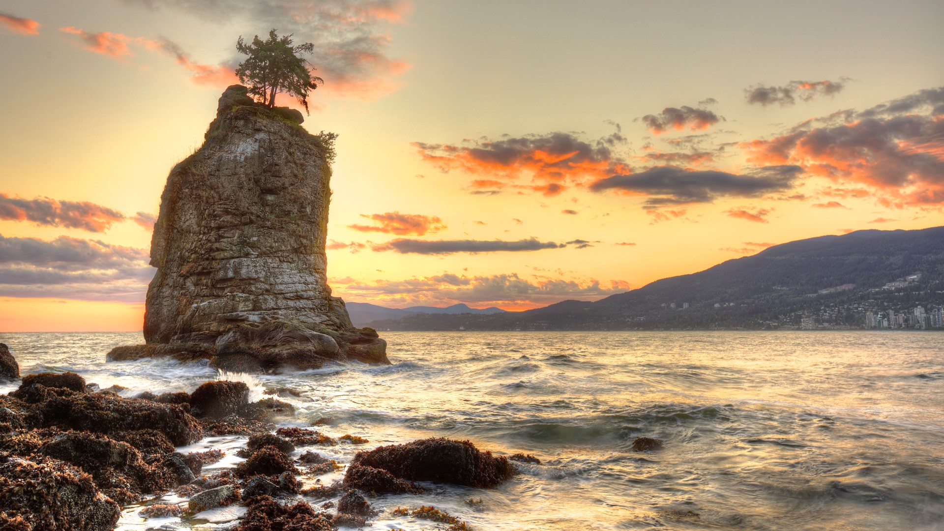 General 1920x1080 nature landscape trees rocks water waves moss sunset sky clouds sea coast town British Columbia Canada