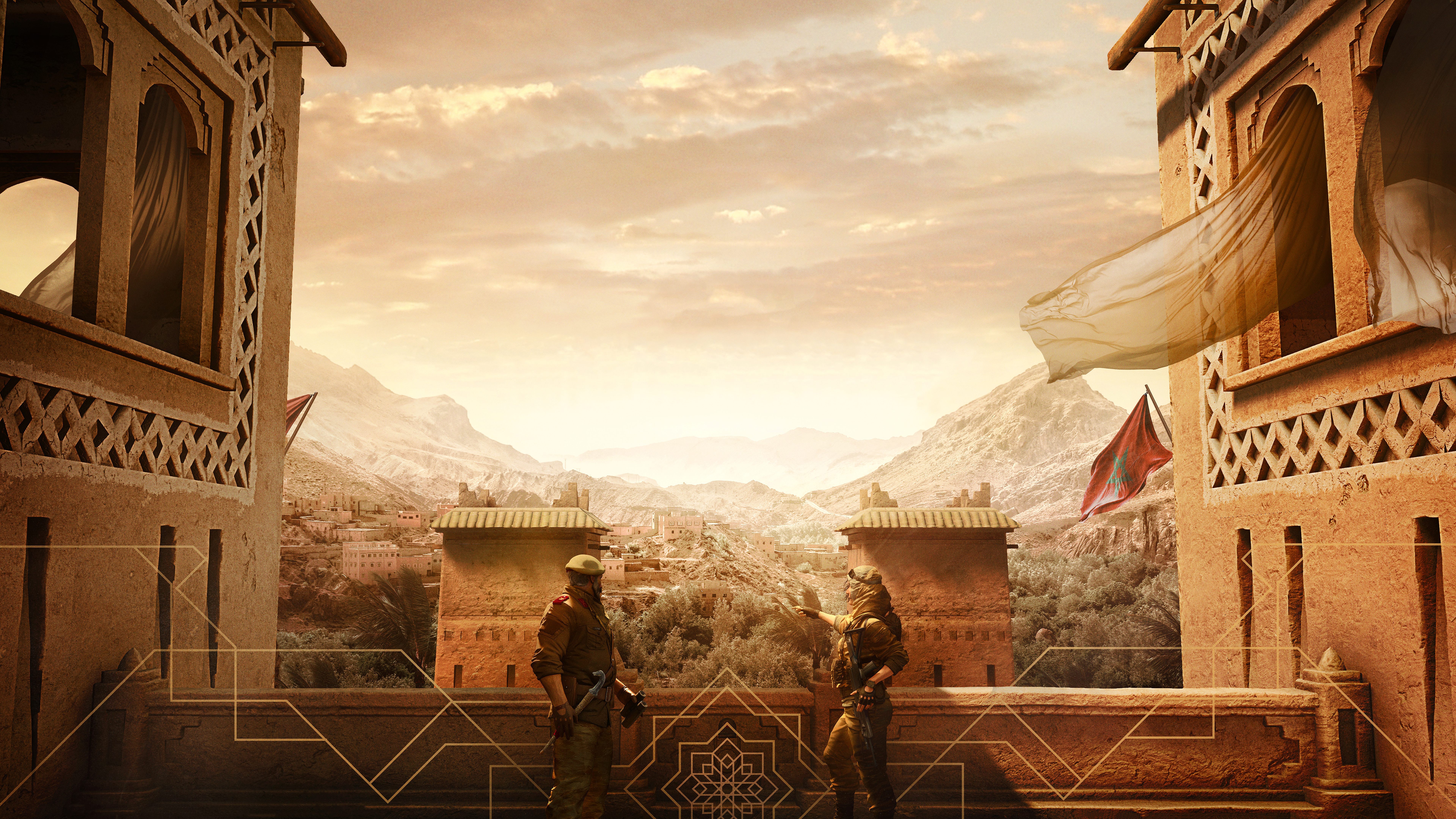 General 7680x4320 mountains trees clouds flag Rainbow Six: Siege video game art Morocco