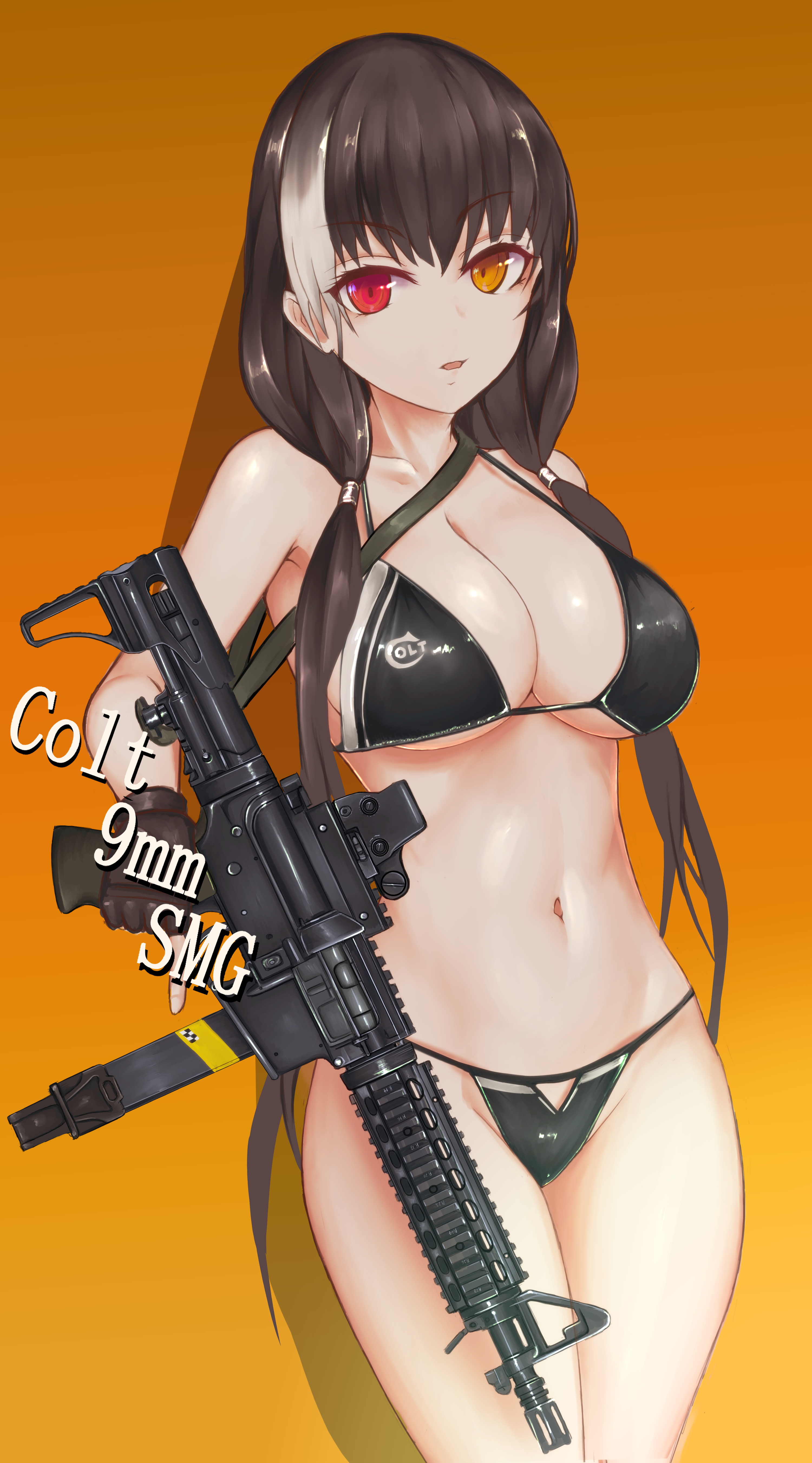 Anime 3000x5400 anime girls bikini Girls Frontline portrait display submachine gun anime heterochromia gun weapon cleavage big boobs long hair brunette