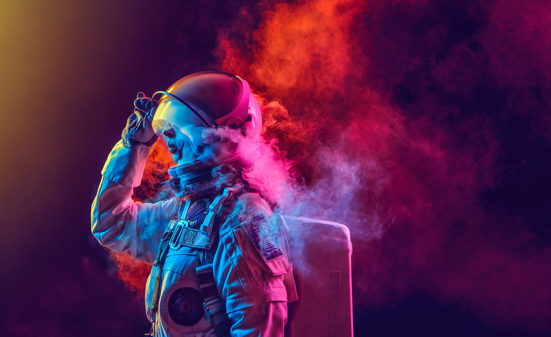 People 1920x1176 astronaut smoke colored smoke NASA space tim tadder photography light effects neon