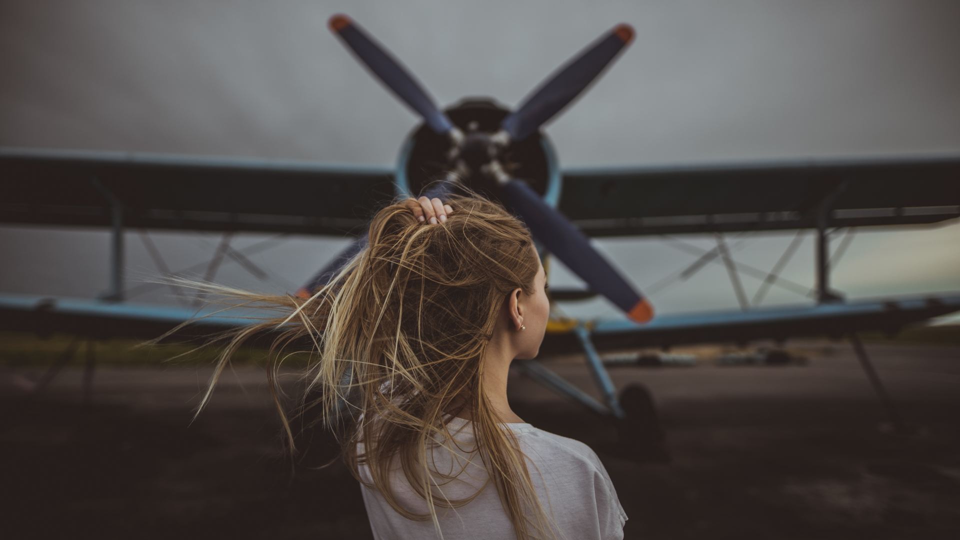 People 1920x1080 model women wind hair blowing in the wind long hair blonde white t-shirt depth of field motion blur looking away back runway aircraft rear view Warbird T-shirt women with planes propeller vehicle airplane wing Antonov An-2