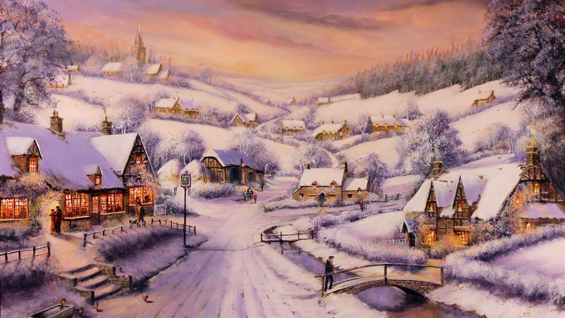 General 1920x1080 painting winter snow house stairs bridge people road trees clouds landscape street light city lights idyllic