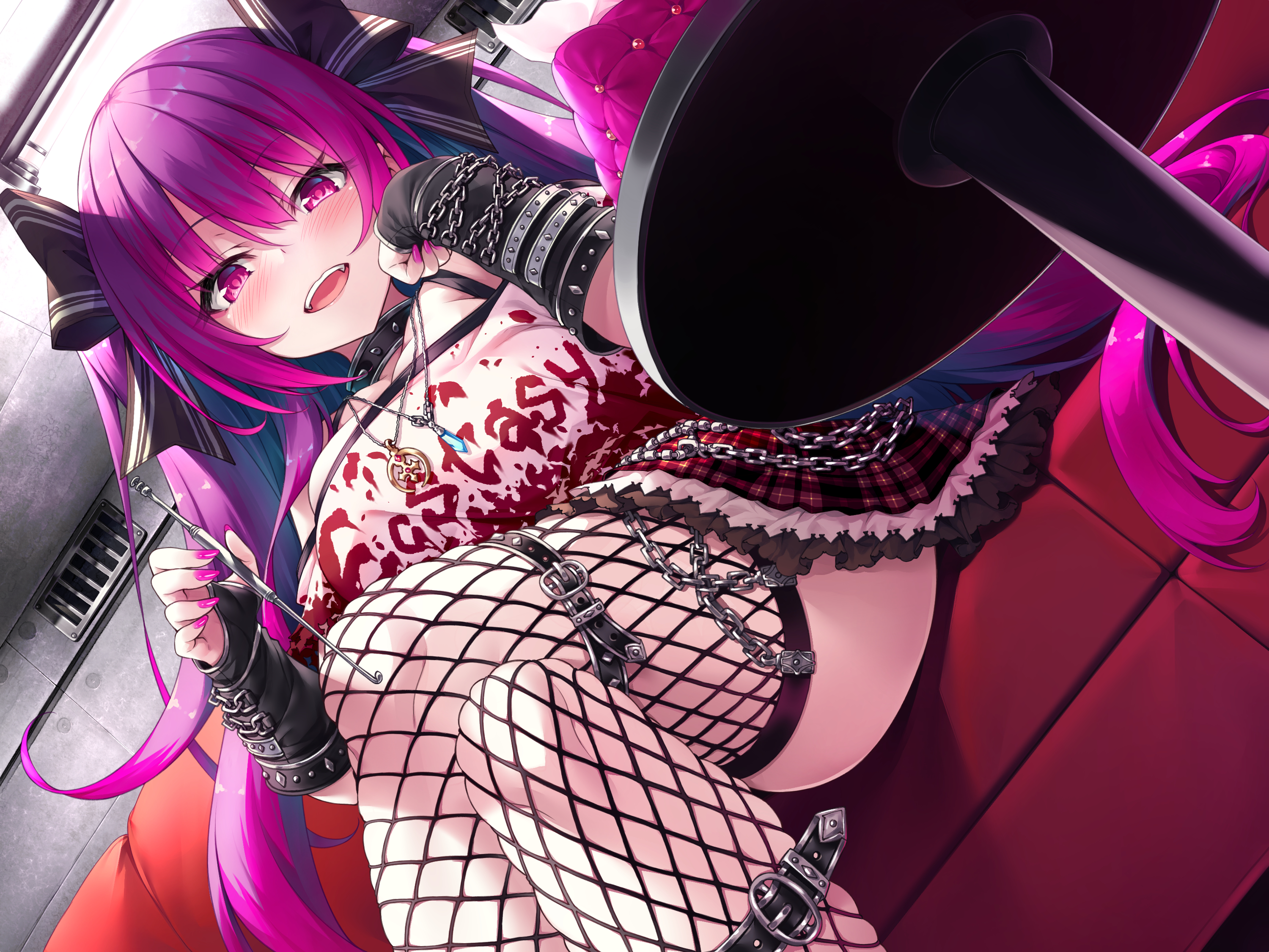 Anime 3000x2250 blush purple hair pink eyes long hair couch elbow gloves sk...