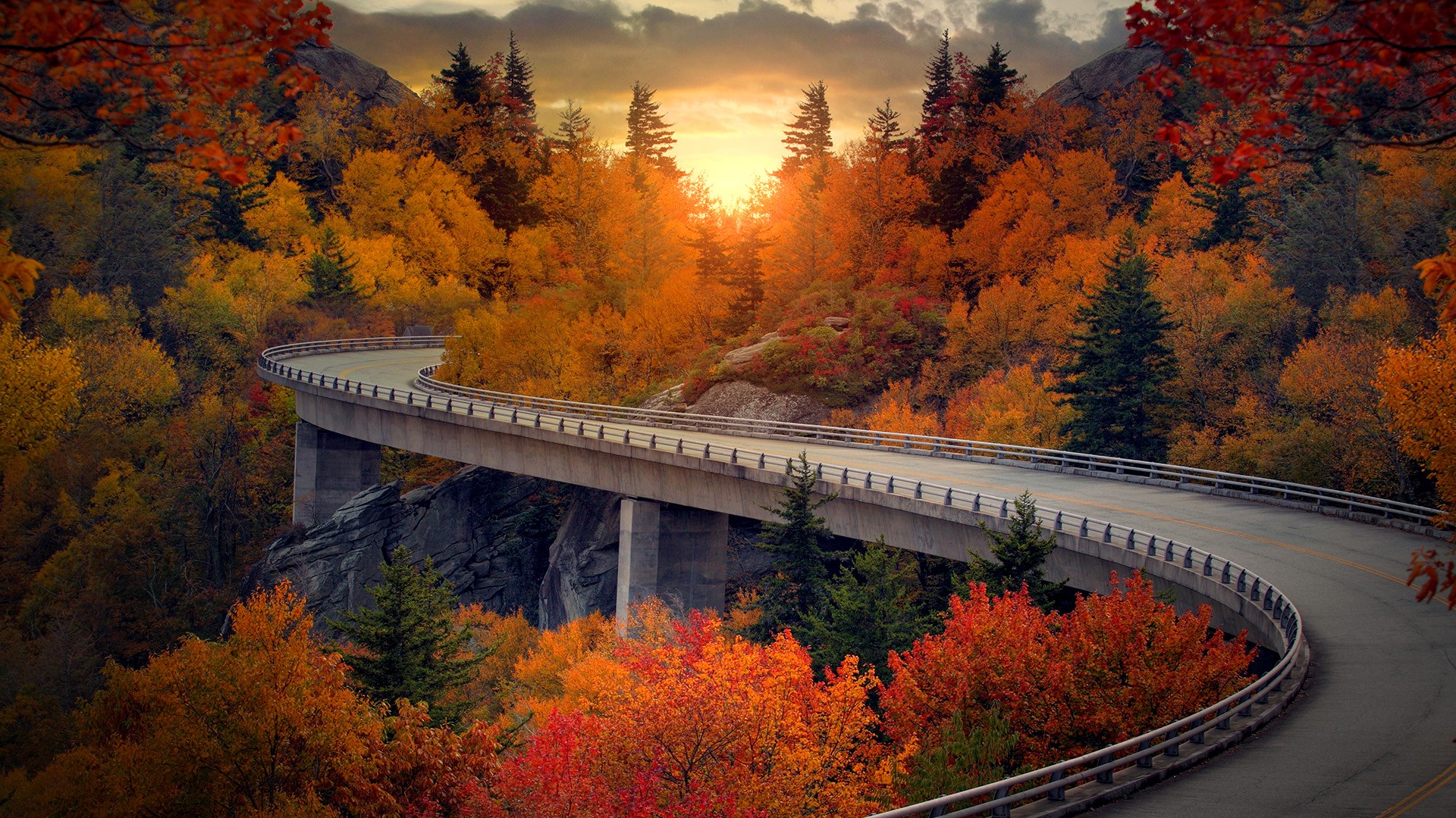General 1920x1080 nature landscape fall trees bridge clouds sky mountains forest road rocks USA Linn Cove Viaduct
