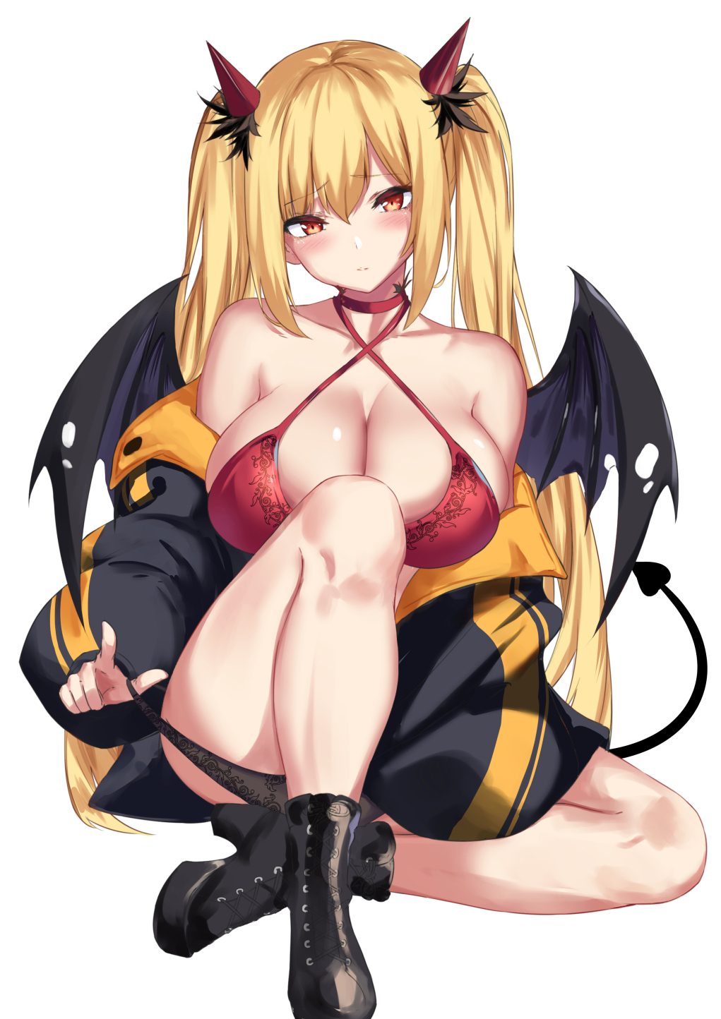 Anime 1021x1444 bra anime looking at viewer twintails blonde succubus removing panties boots wings blushing simple background white background big boobs cleavage brown eyes Spider Apple artwork anime girls tail horns demon girls