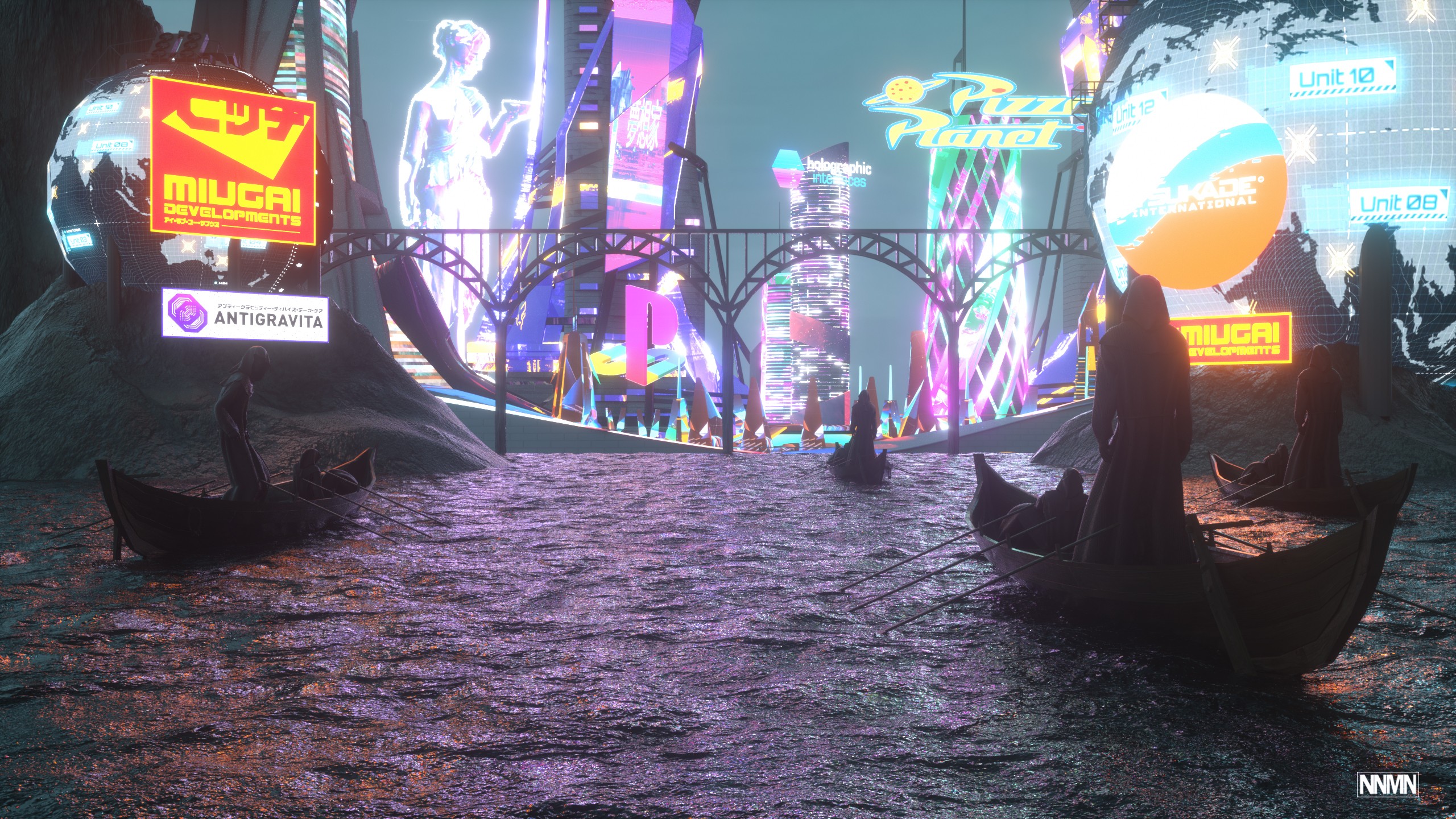 General 2560x1440 artwork digital art water concept art surreal Cinema 4D boat people cityscape poster colorful skyscraper retrowave synthwave vaporwave PlayStation river Nolan Martin