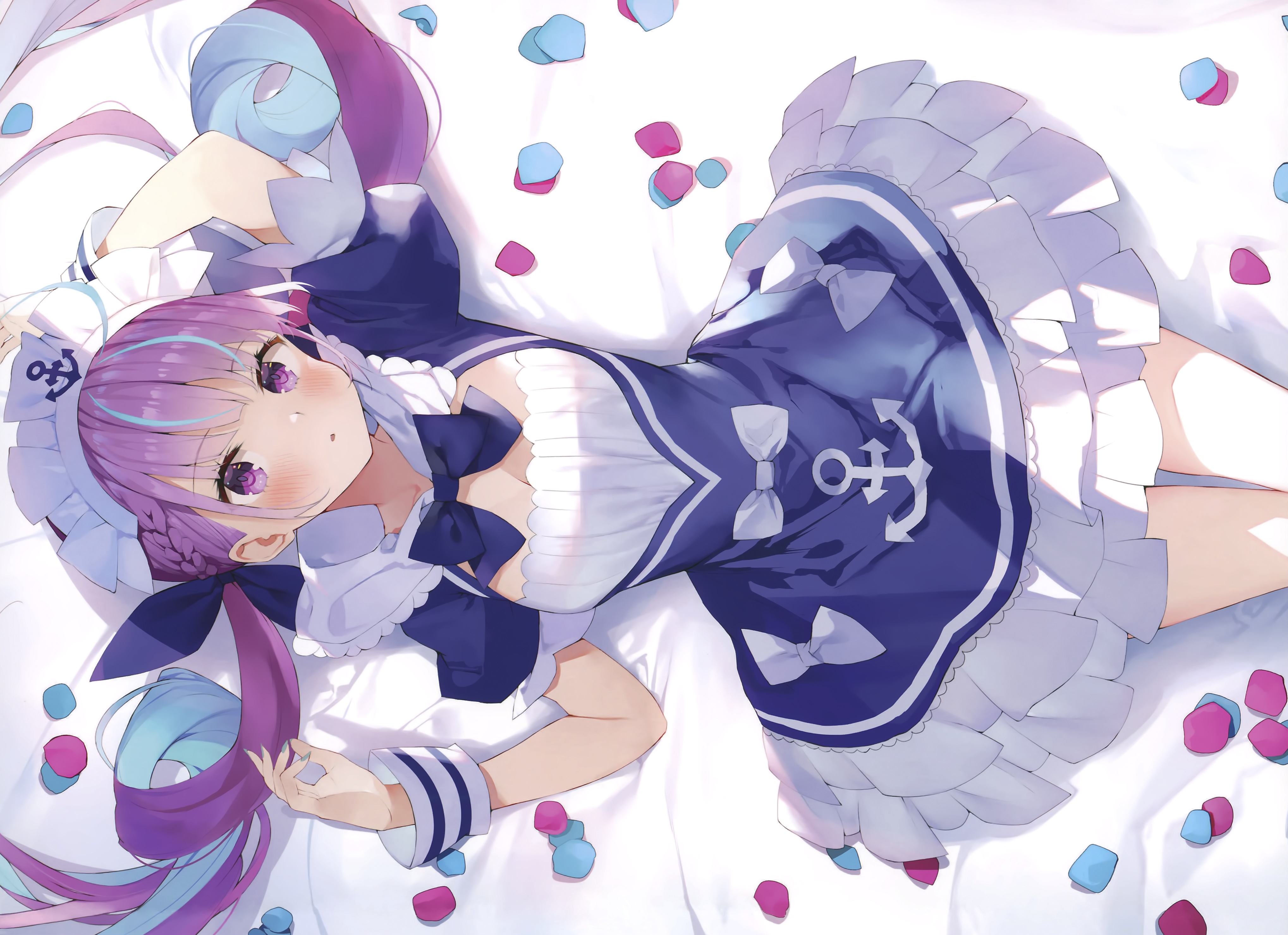 Anime 4075x2959 Minato Aqua purple hair cleavage headdress blushing twintails purple eyes anime girls anime fantasy girl Hololive Virtual Youtuber