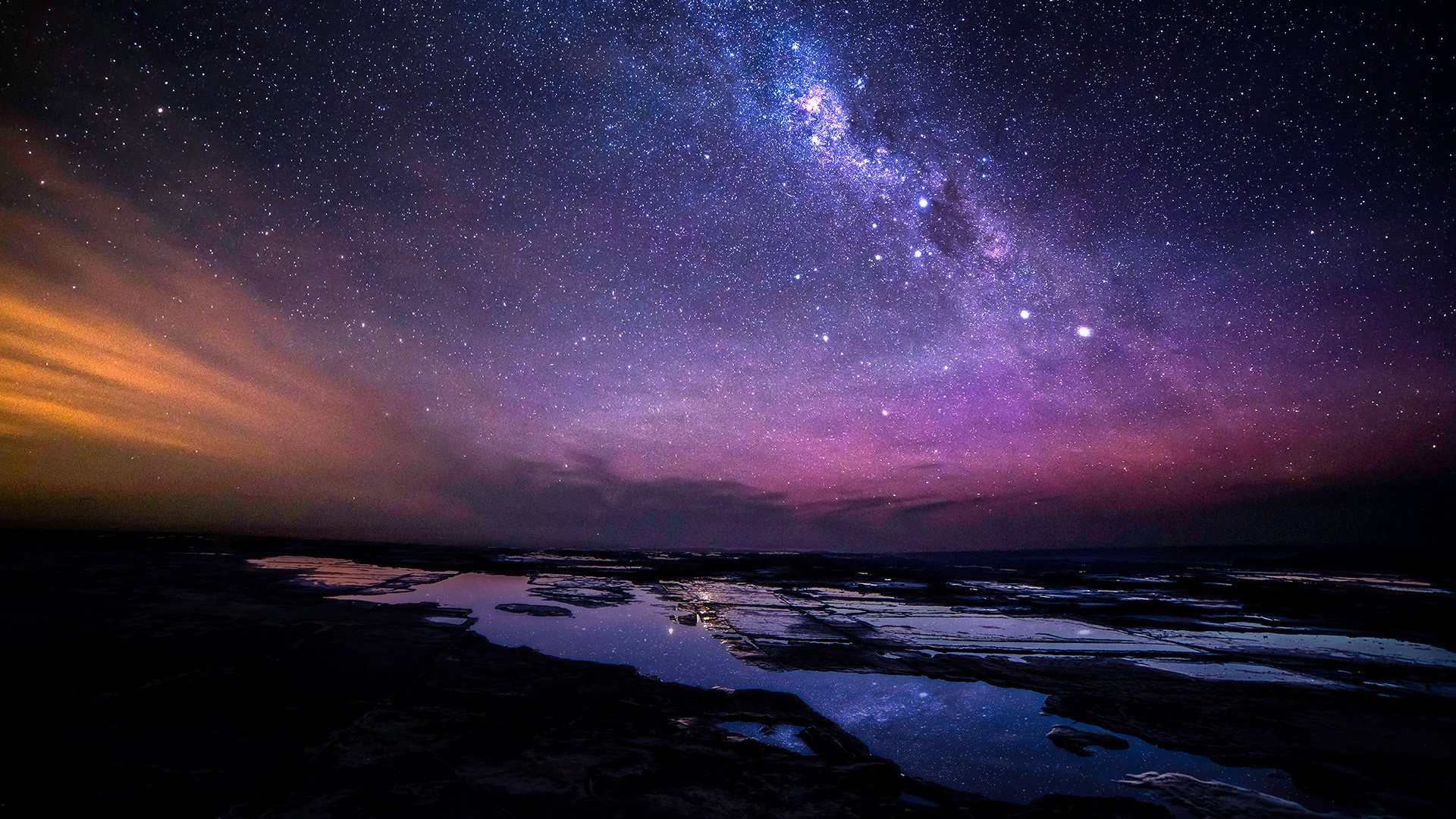 General 1920x1080 nature landscape night stars galaxy water horizon rocks reflection Milky Way Australia lake