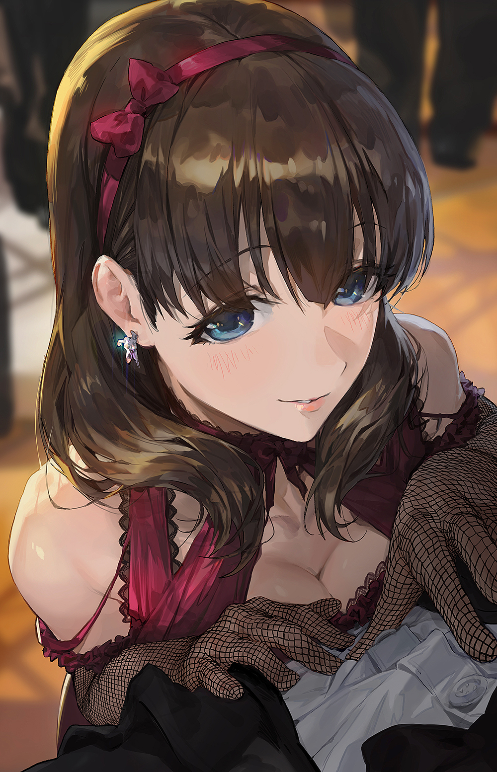Anime 1000x1554 anime anime girls digital art portrait display 2D THE iDOLM@STER Sakuma Mayu POV cleavage brunette blue eyes Mossi (artist) artwork looking at viewer parted lips earring elbow gloves gloves bare shoulders collarbone long hair