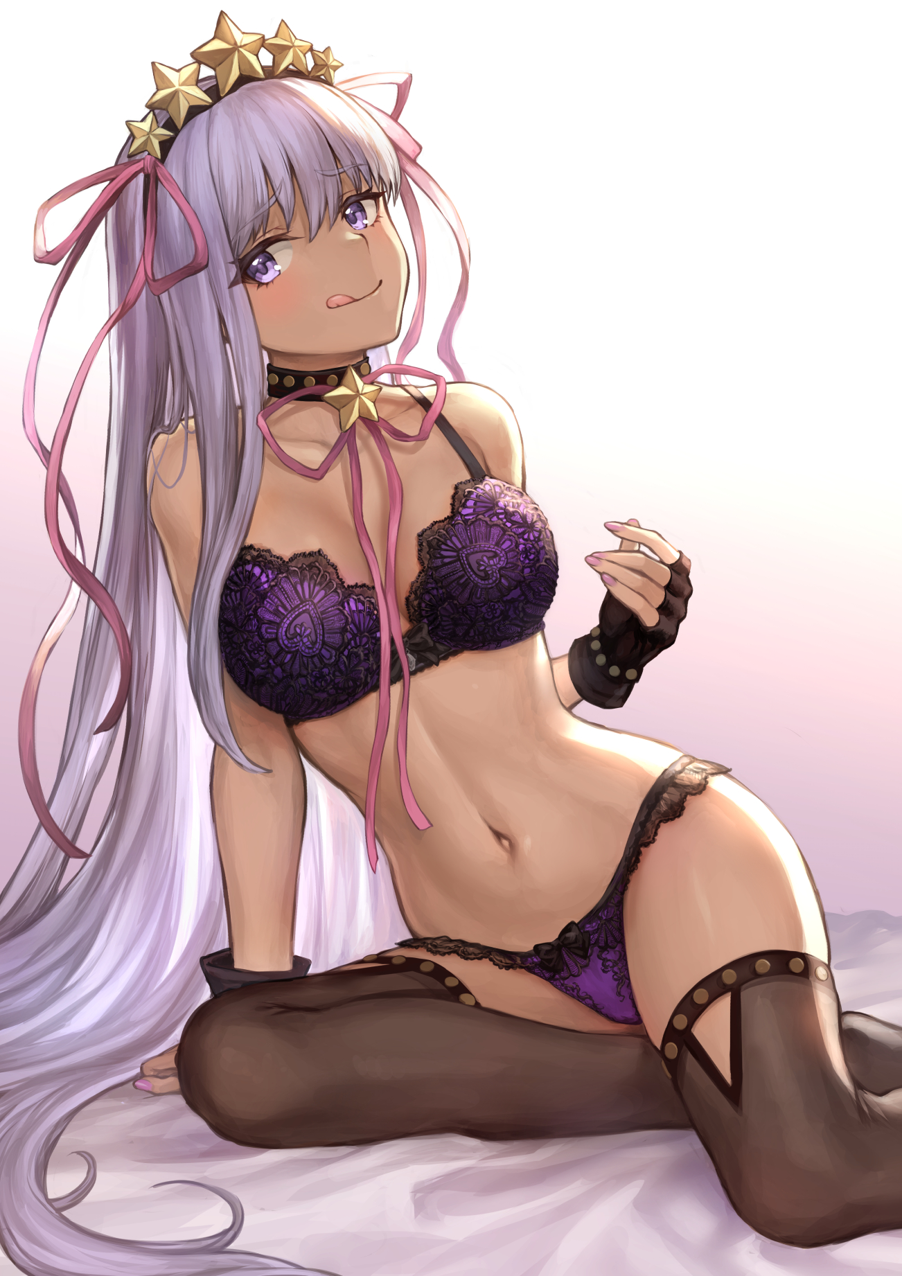 Anime 1302x1842 anime anime girls digital art artwork portrait display 2D Mashu 003 Fate series Fate/Grand Order BB (Fate/Extra CCC ) purple eyes purple hair long hair tongue out tanned thigh-highs lingerie