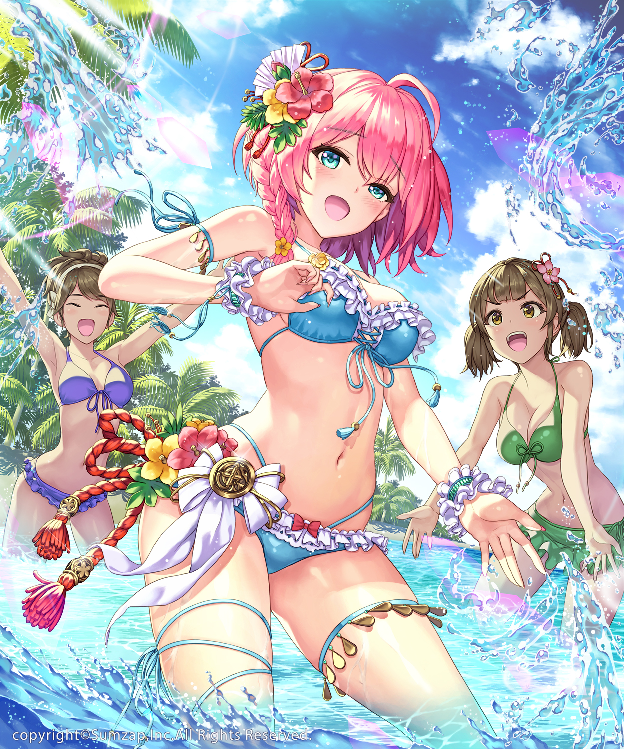 Anime 1250x1500 anime anime girls digital art artwork portrait display 2D Hamahama water bikini brunette pink hair women trio flowers palm trees hibiscus water drops open mouth