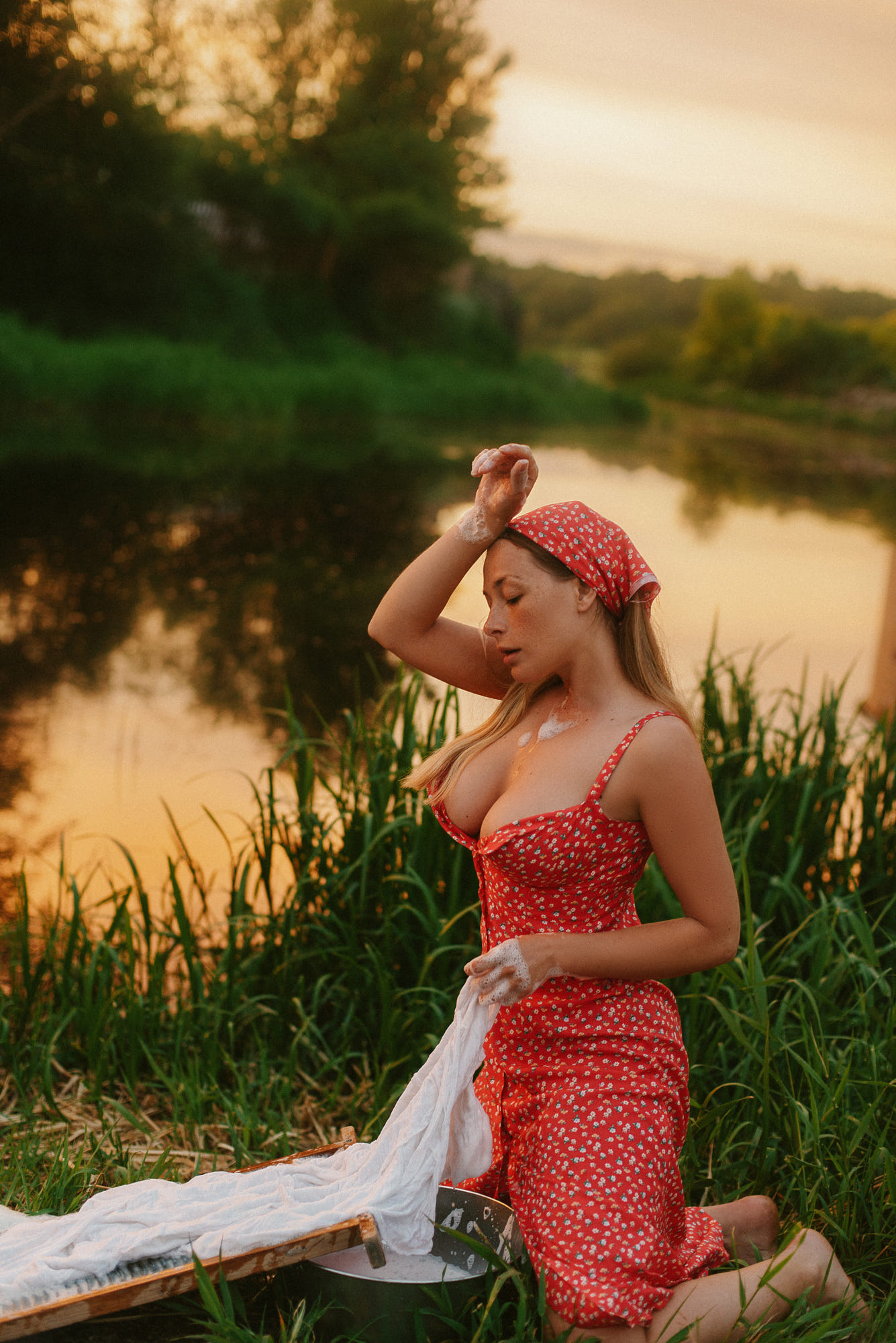 People 1335x2000 Olga Kobzar women model dress red dress women outdoors nature river boobs big boobs cleavage kneeling barefoot blonde laundry