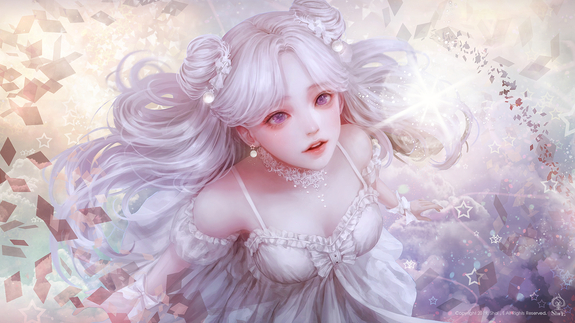 Anime 1920x1080 anime girls anime original characters white hair long hair portrait dress white dress top view looking up necklace artwork digital art drawing Shal E