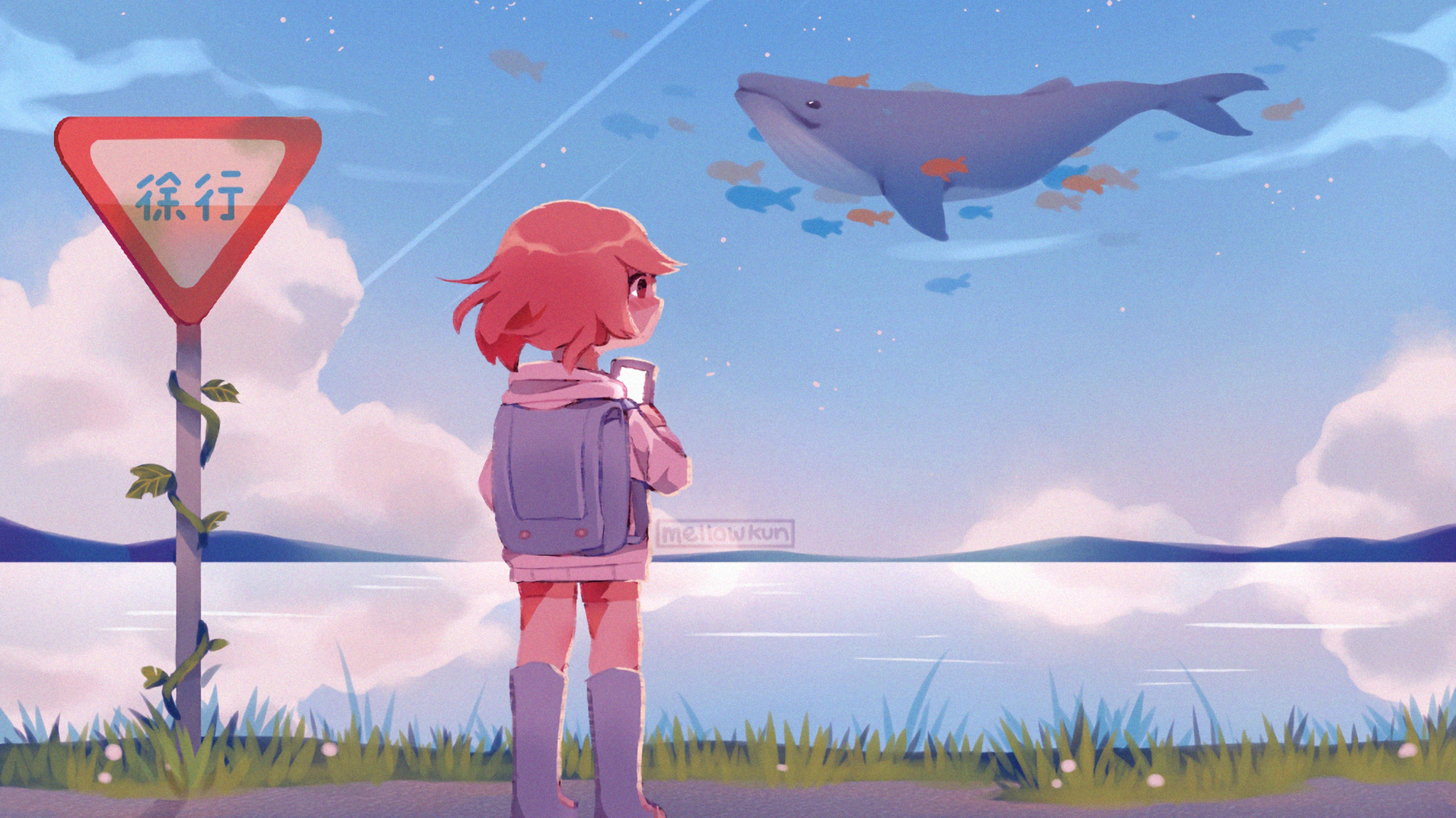 Anime 2048x1152 digital art artwork drawing digital painting anime anime girls women fantasy girl children landscape sign fantasy art animals clouds sky skyscape water sea reflection fish flying whale nature grass character design  environment concept art