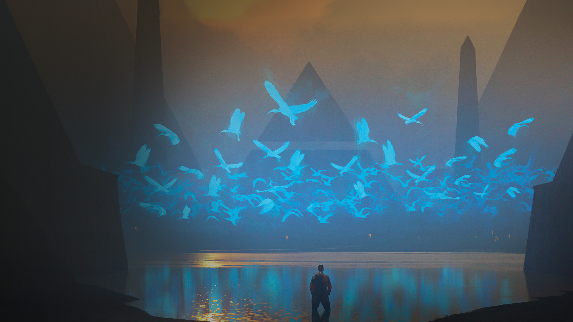 General 1920x1080 Magic: The Gathering artwork video game art Richard Wright cyan birds reflection pyramid