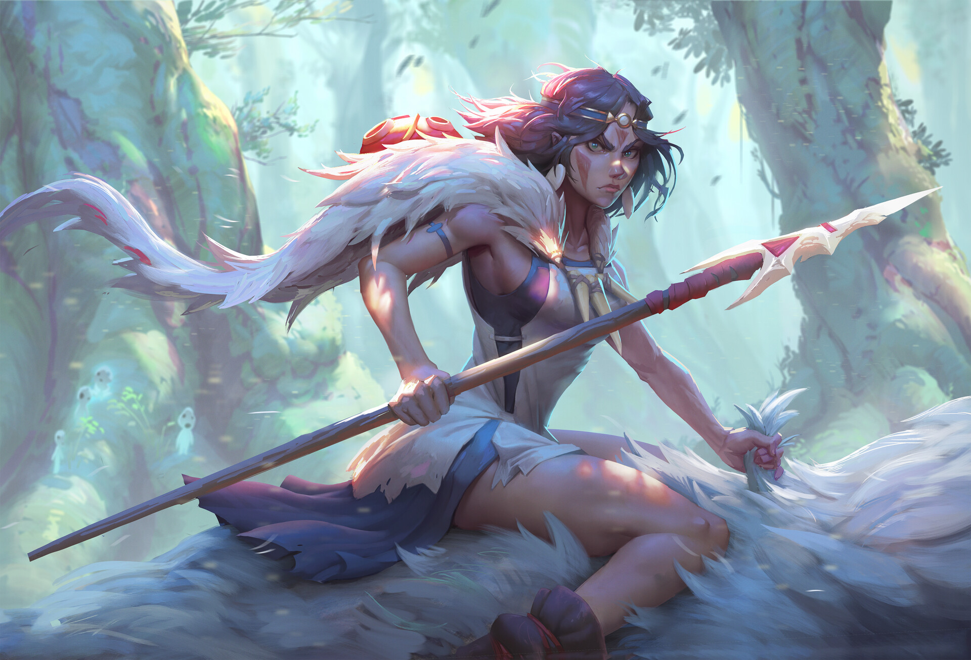 General 1920x1305 artwork fantasy girl fantasy art warrior spear wolf girls sitting angry Princess Mononoke