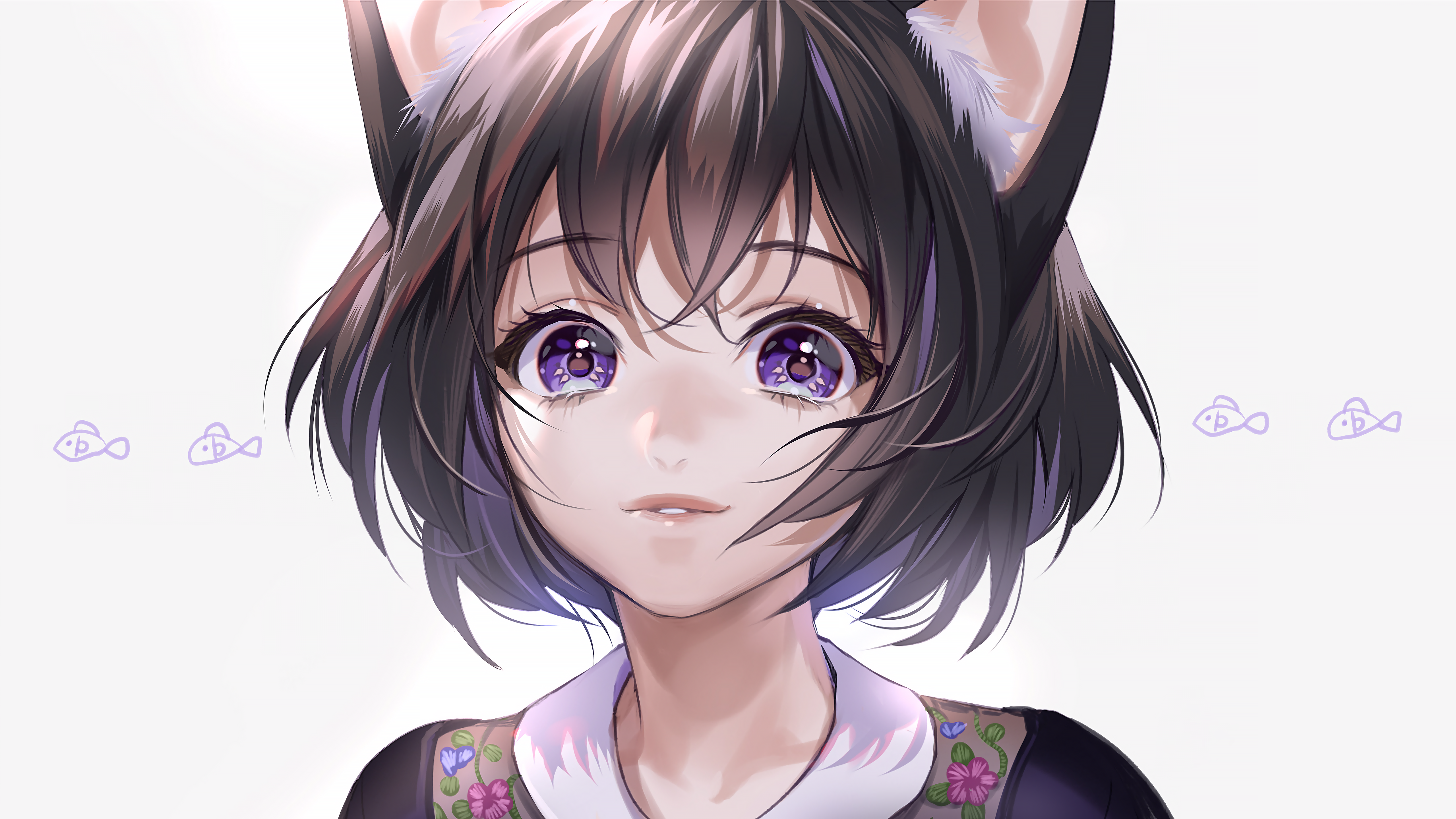 Anime 5120x2880 anime anime girls cat girl cat ears black hair purple eyes smiling white background Midori Foo