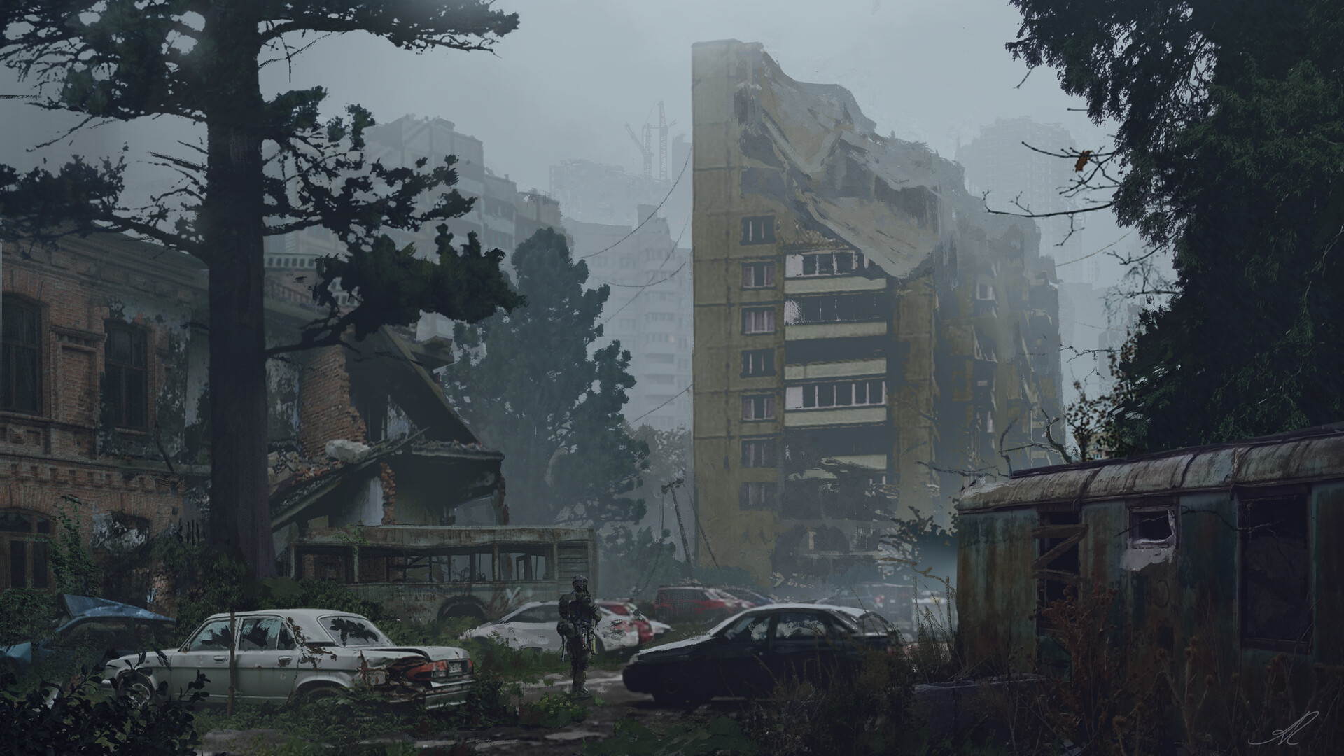 General 1920x1080 apocalyptic city car Andrej Rempel science fiction ruins wreck ArtStation