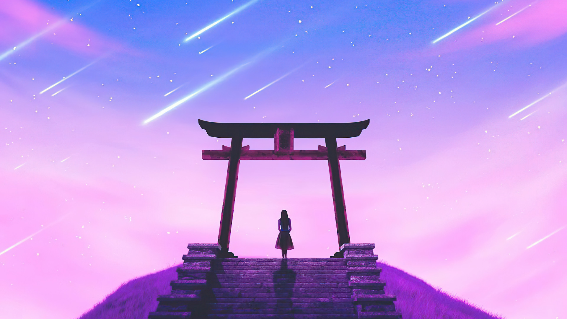 General 1920x1080 alone purple background simple background shooting stars Asian architecture torii