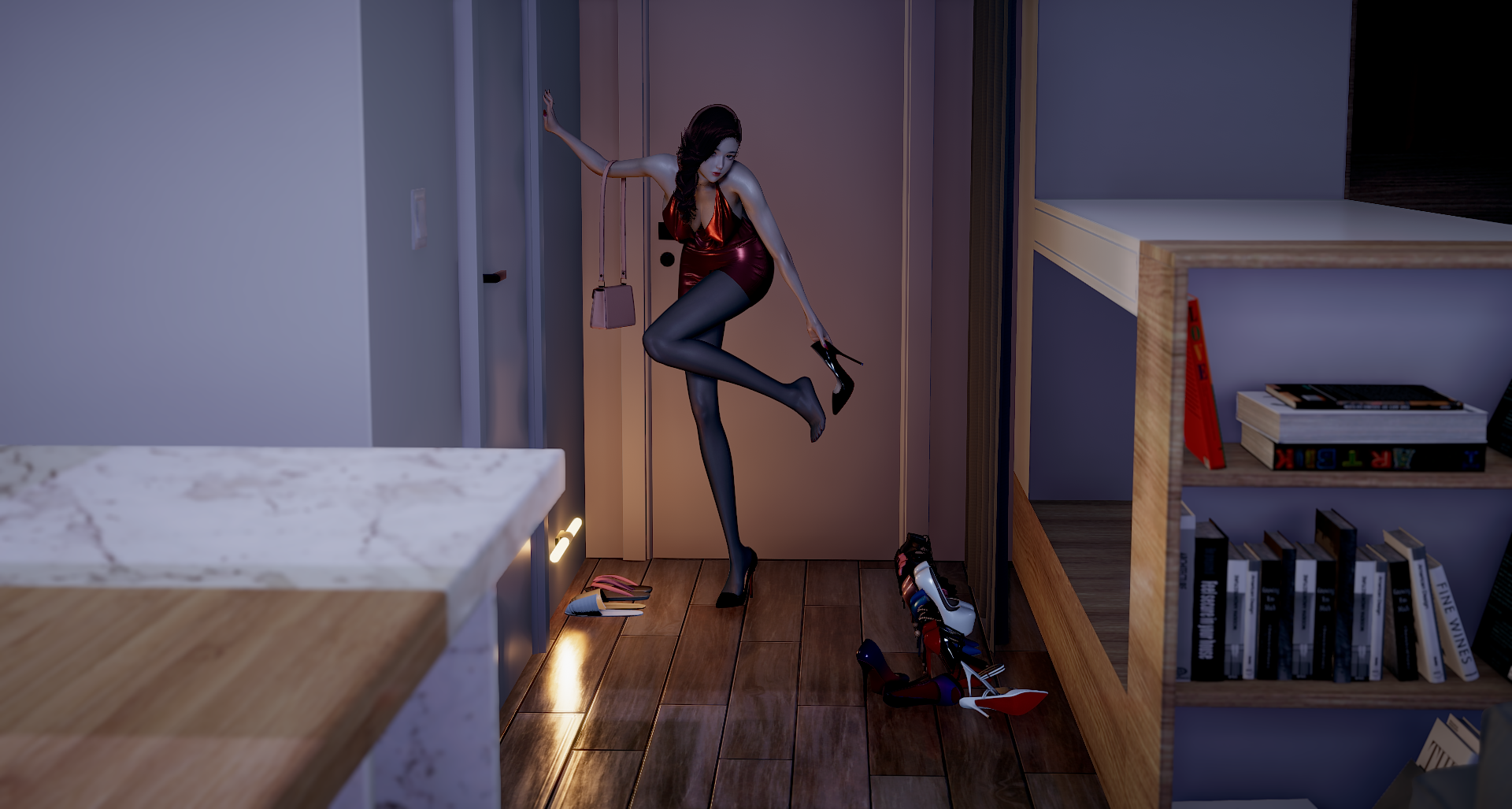 General 1920x1027 honey select 2 women legs Asian heels black heels red dress indoors video games video game characters