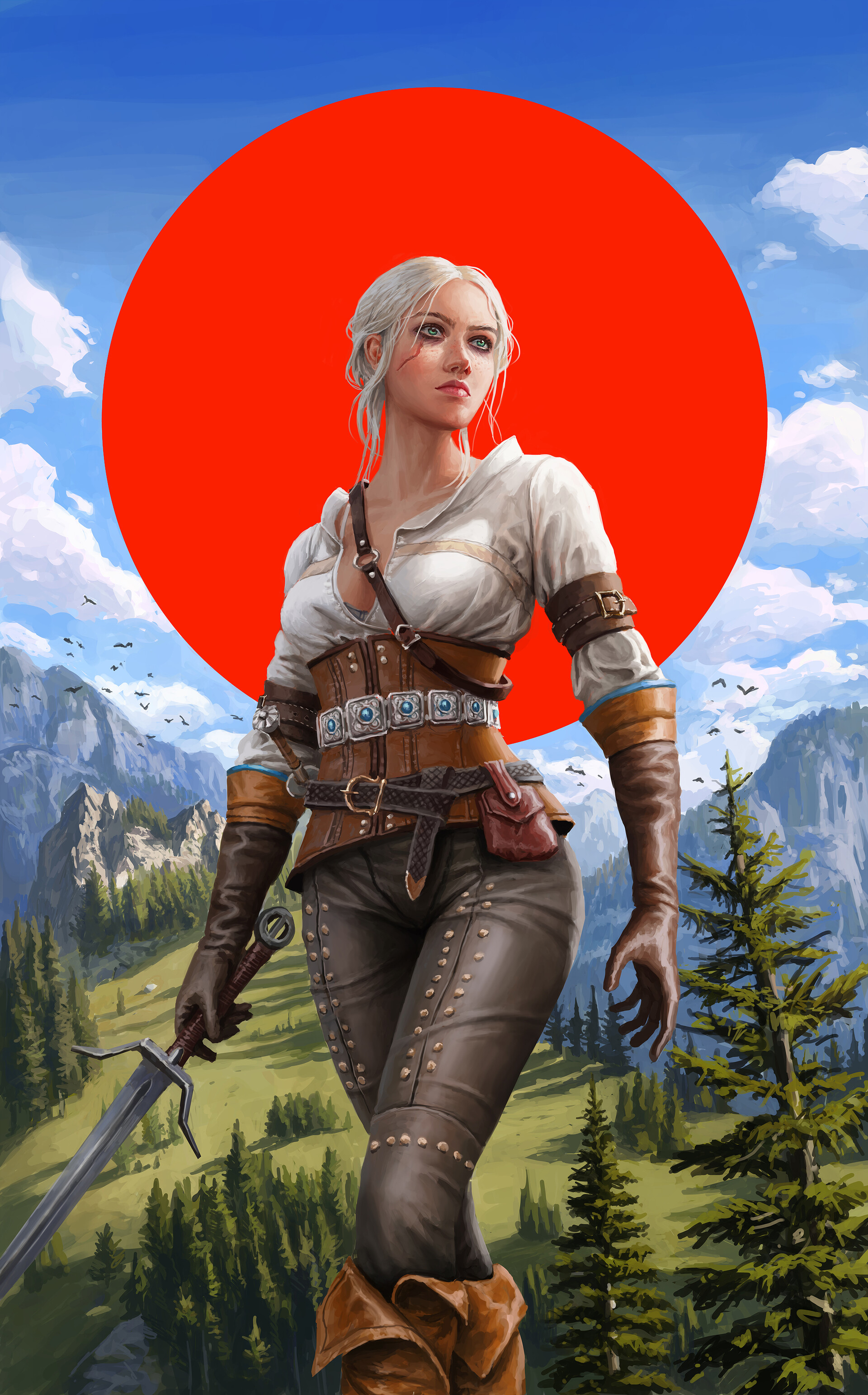 General 1920x3086 ArtStation portrait display CD Projekt RED video games digital art The Witcher 3: Wild Hunt red white hair leather clothing blonde video game art artwork video game characters Cirilla Fiona Elen Riannon green eyes eye scar white shirt looking away portrait video game girls fan art