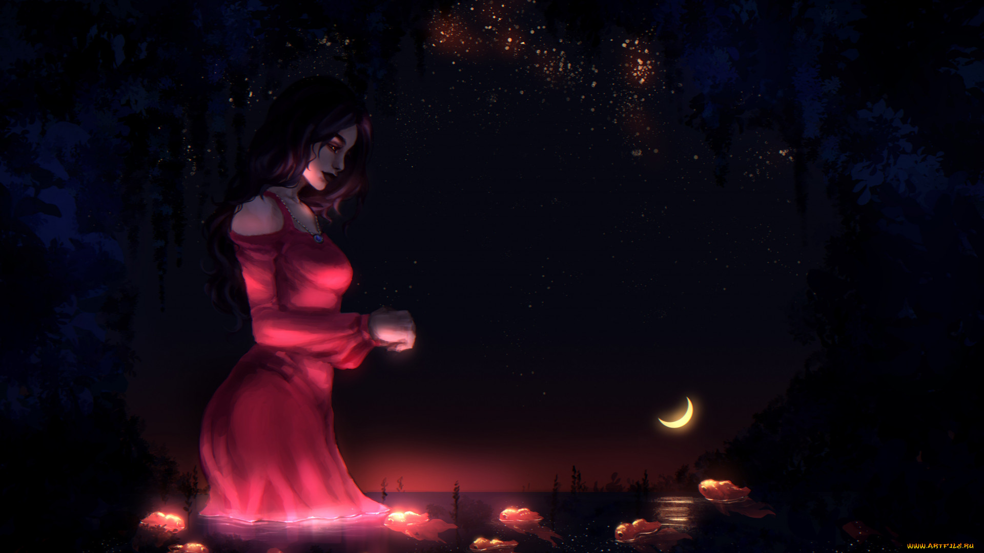 General 1920x1080 dark night artwork fantasy art fantasy girl red dress crescent moon