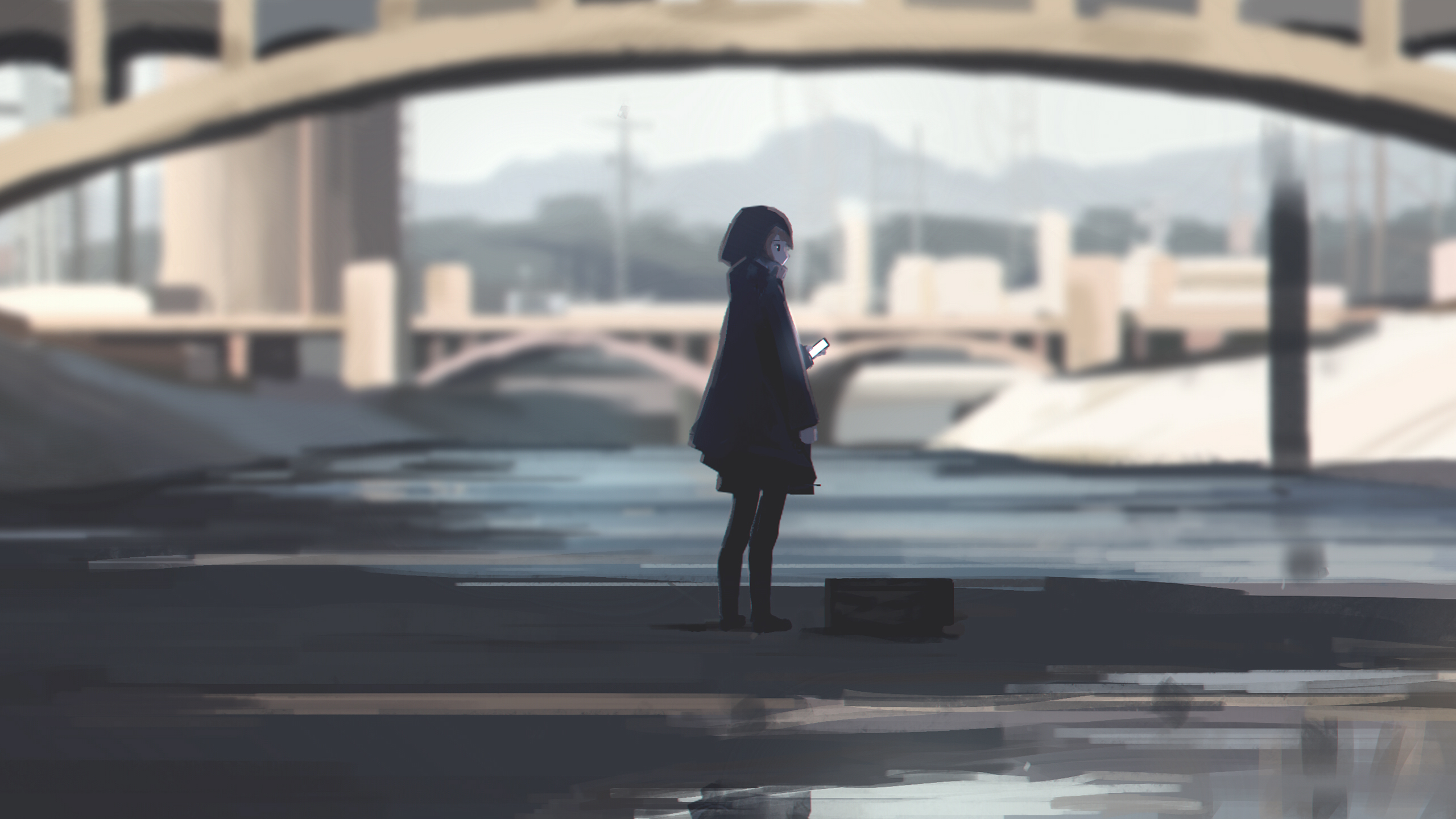 Anime 2560x1440 anime girls artwork cityscape dark bridge cellphone raincoat