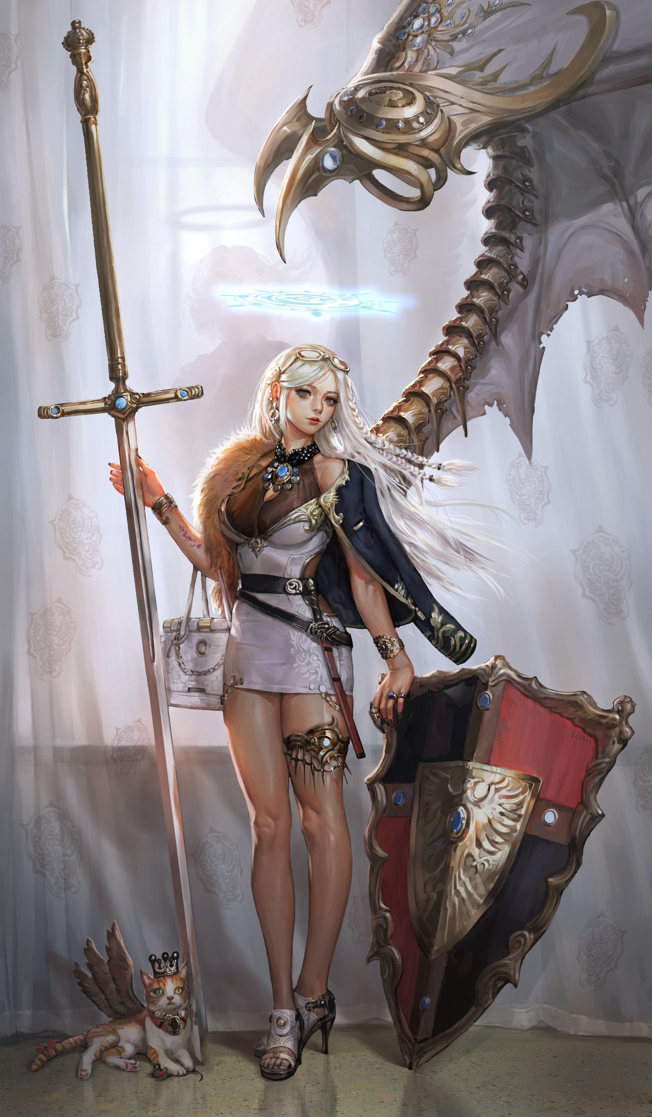 General 2498x4280 digital art women blonde warrior cats sword shield handbags legs high heels