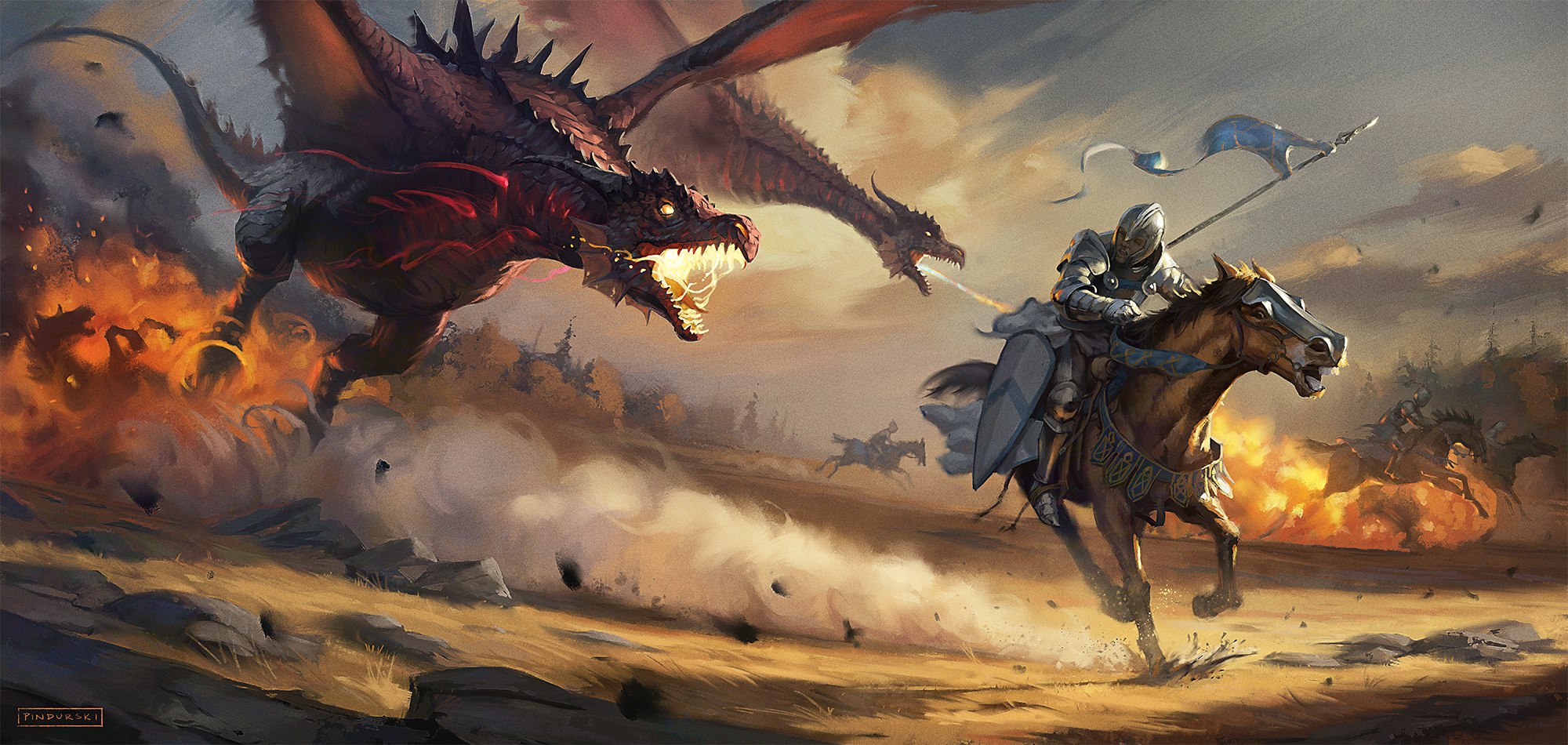 General 2000x950 digital art warrior knight flag horse dragon war fantasy art giant