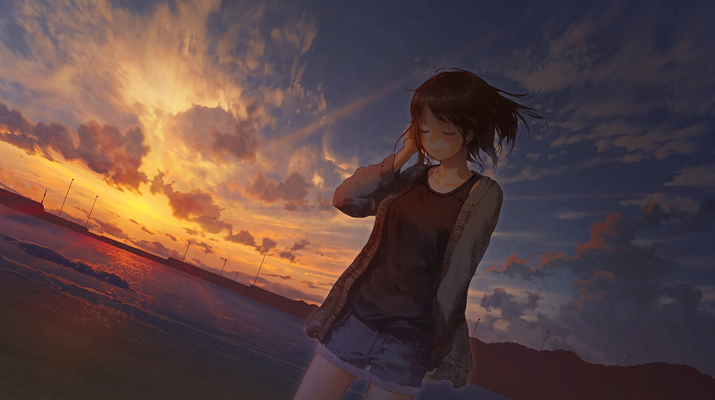 Anime 2400x1343 beach sunset anime girls anime sunlight sky outdoors