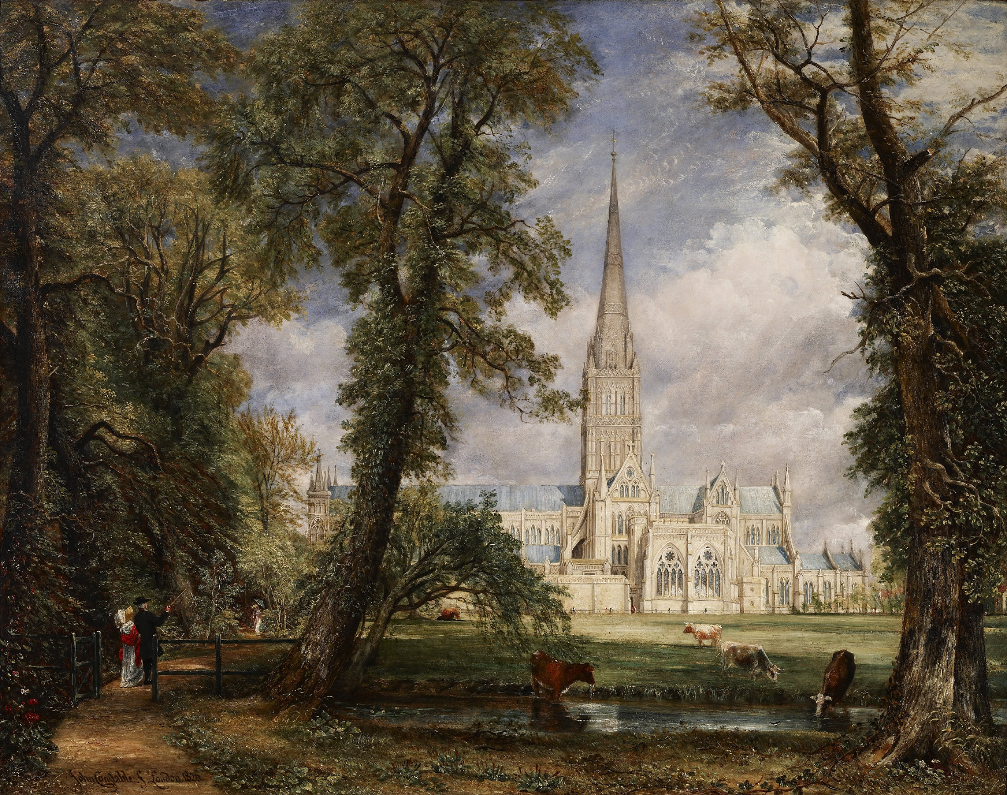 General 2048x1617 traditional art painting artwork oil painting park cathedral trees couple lake animals cow clouds John Constable