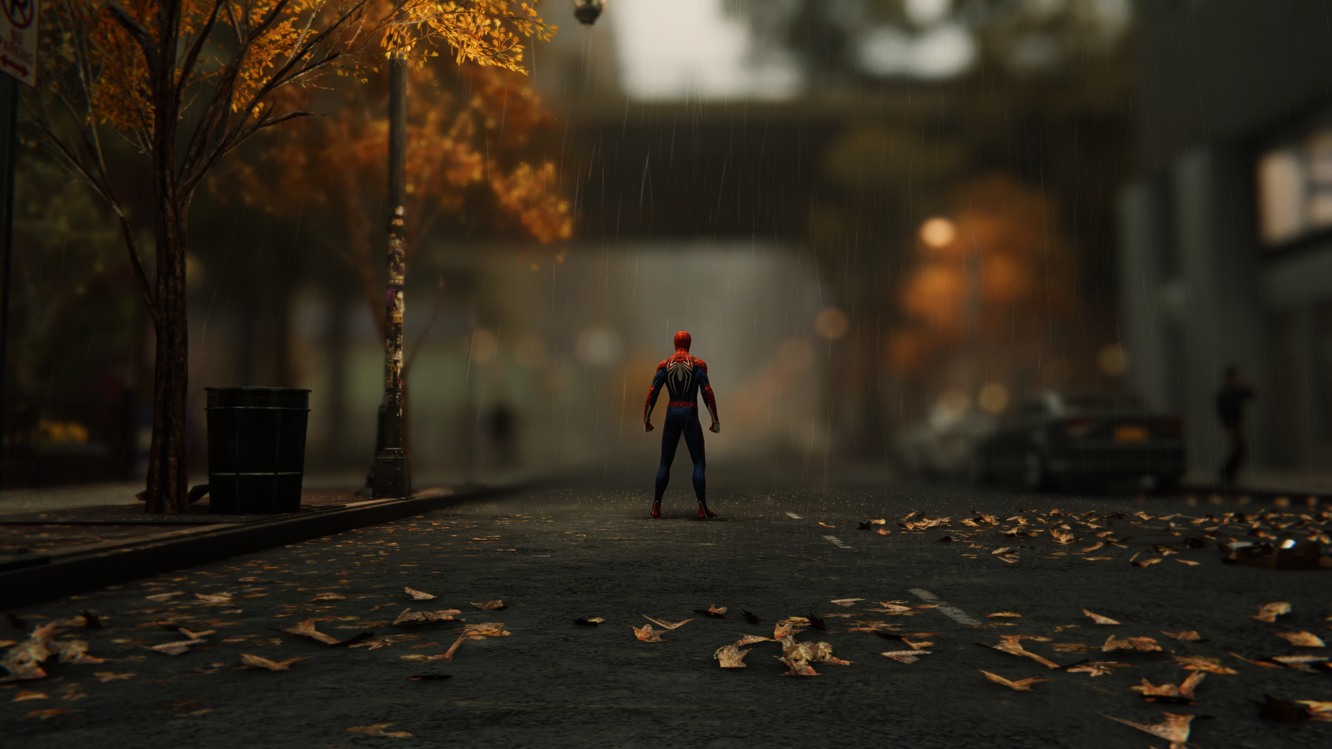 General 1920x1080 Spider-Man video game art leaves rain