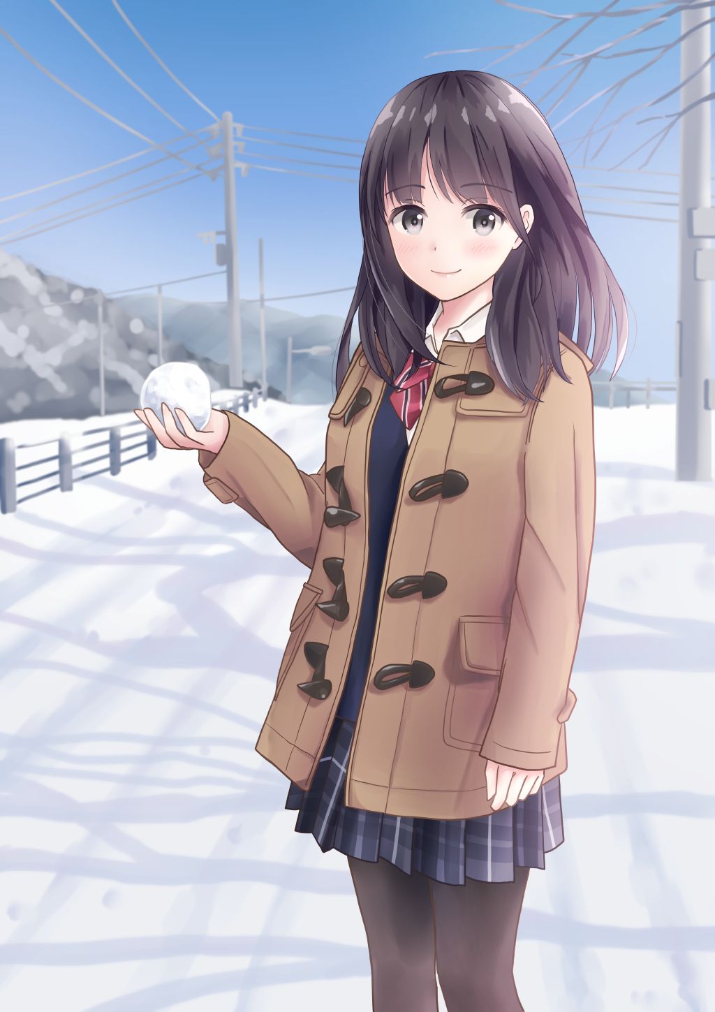 Anime 1024x1449 anime anime girls long hair smiling snow miniskirt mountains winter school uniform open coat yukimaru217 black stockings snowball JK