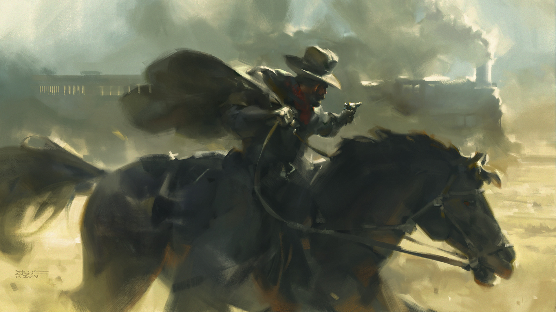 General 1920x1080 outlaws  horse train smoke revolver Robbery digital art