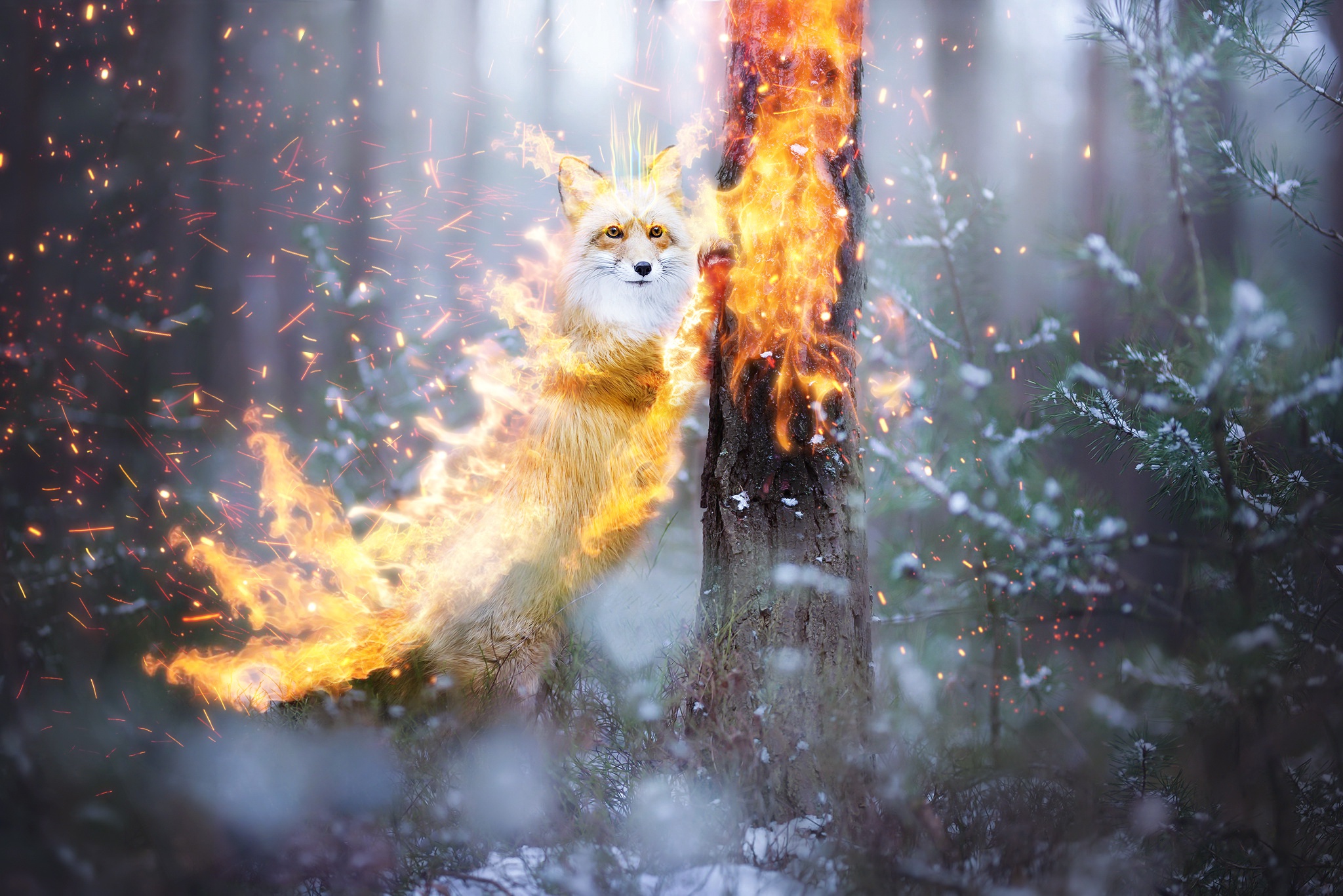 General 2048x1366 animals fire nature digital art fox