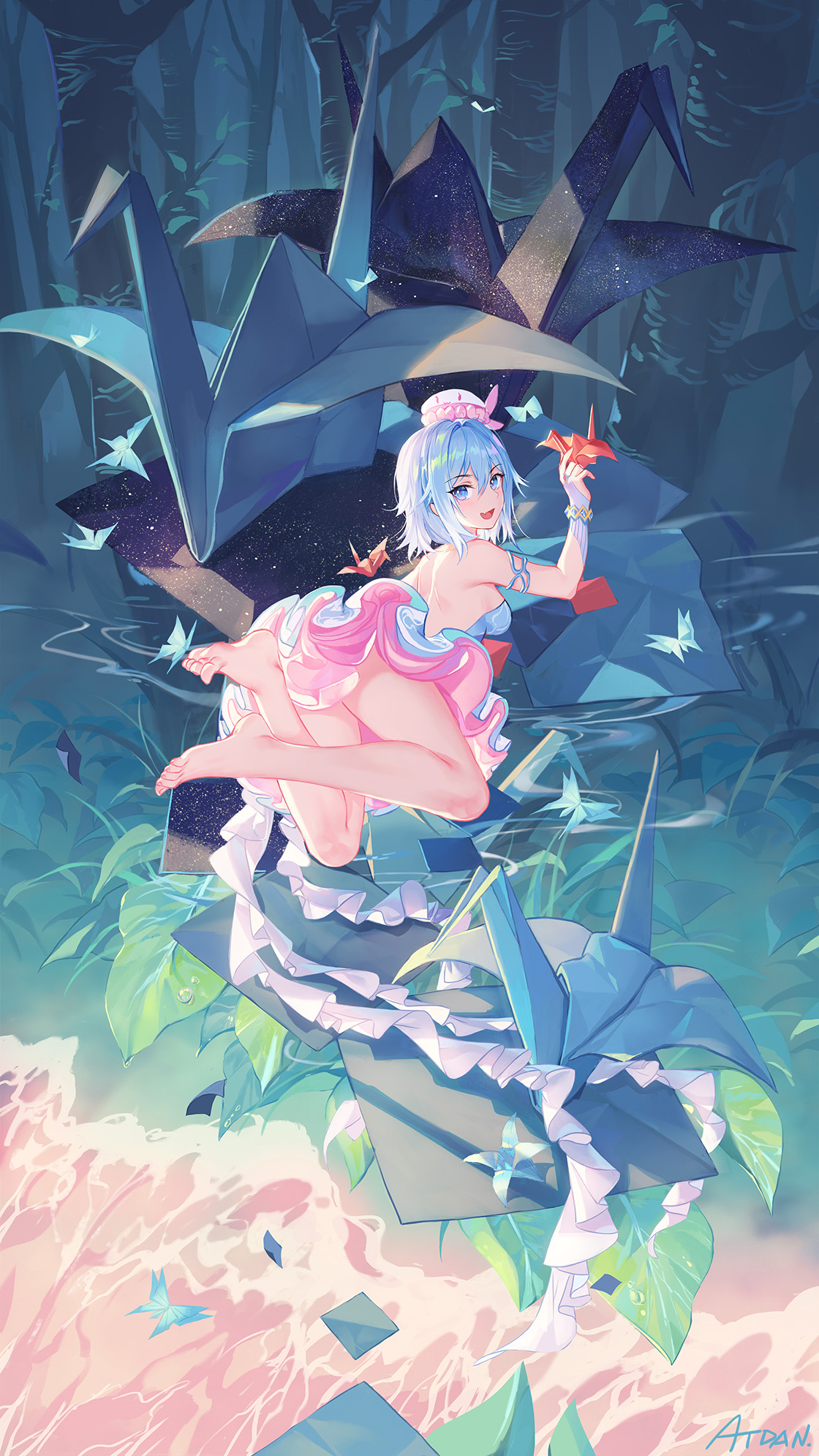 Anime 1120x1991 anime girls original characters blue hair blue eyes looking at viewer dress bare shoulders barefoot paper paper cranes cranes (bird) origami forest butterfly artwork 2D illustration digital art drawing Atdan Pixiv